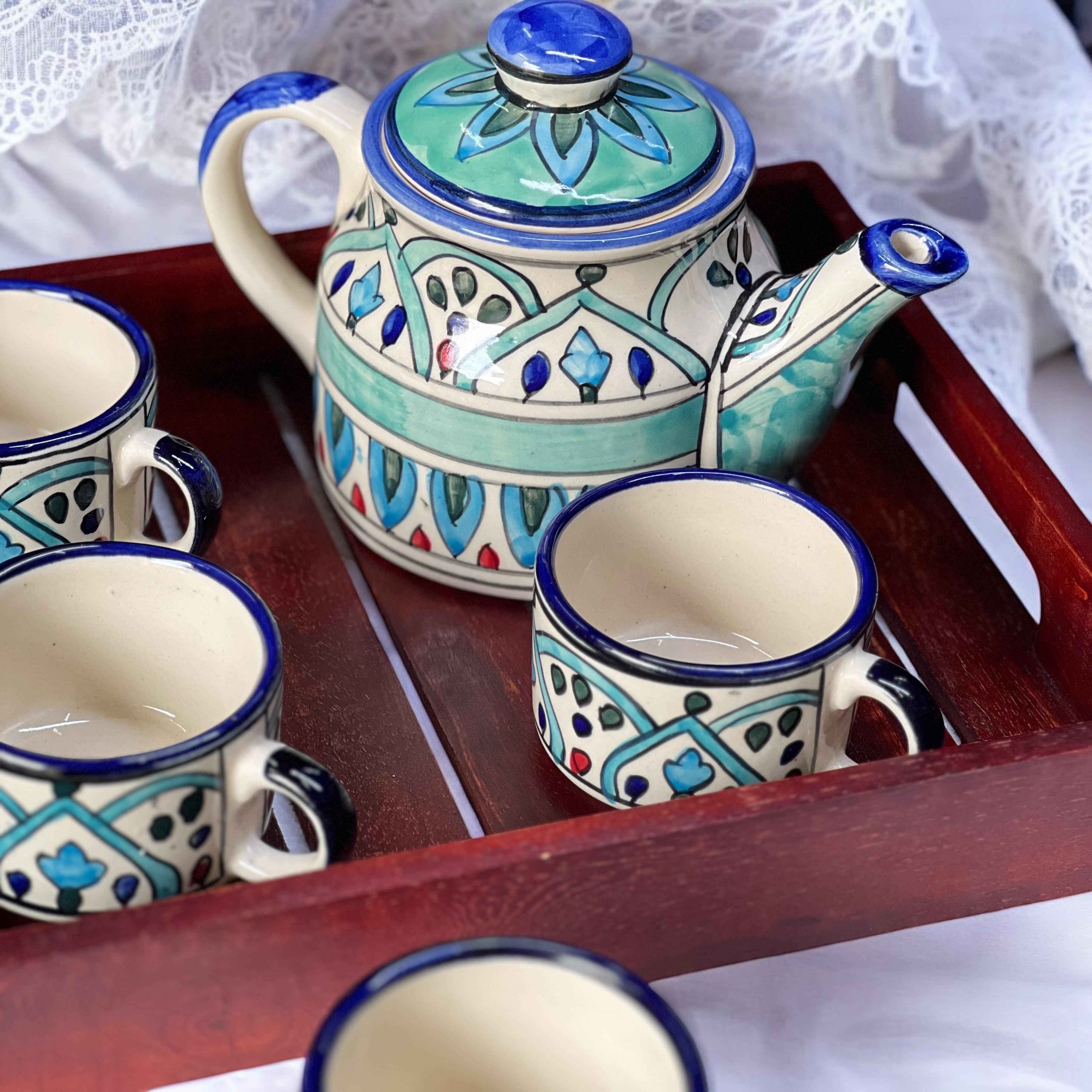 Royal Mehrab Ceramic Tea Set with Wooden Tray | Hand-Painted Kettle & 4 Cups - Clayful Homes
