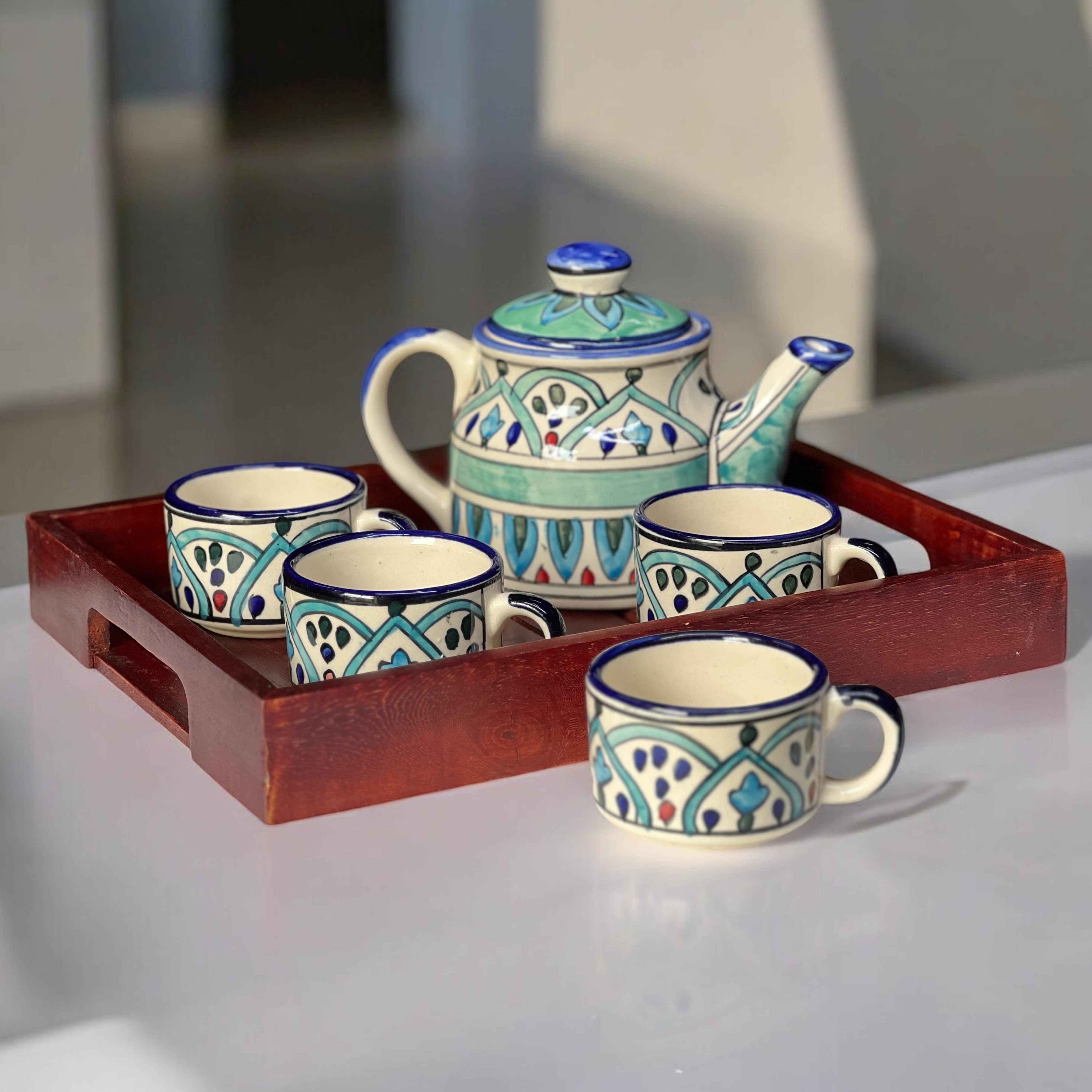 Royal Mehrab Ceramic Tea Set with Wooden Tray | Hand-Painted Kettle & 4 Cups - Clayful Homes
