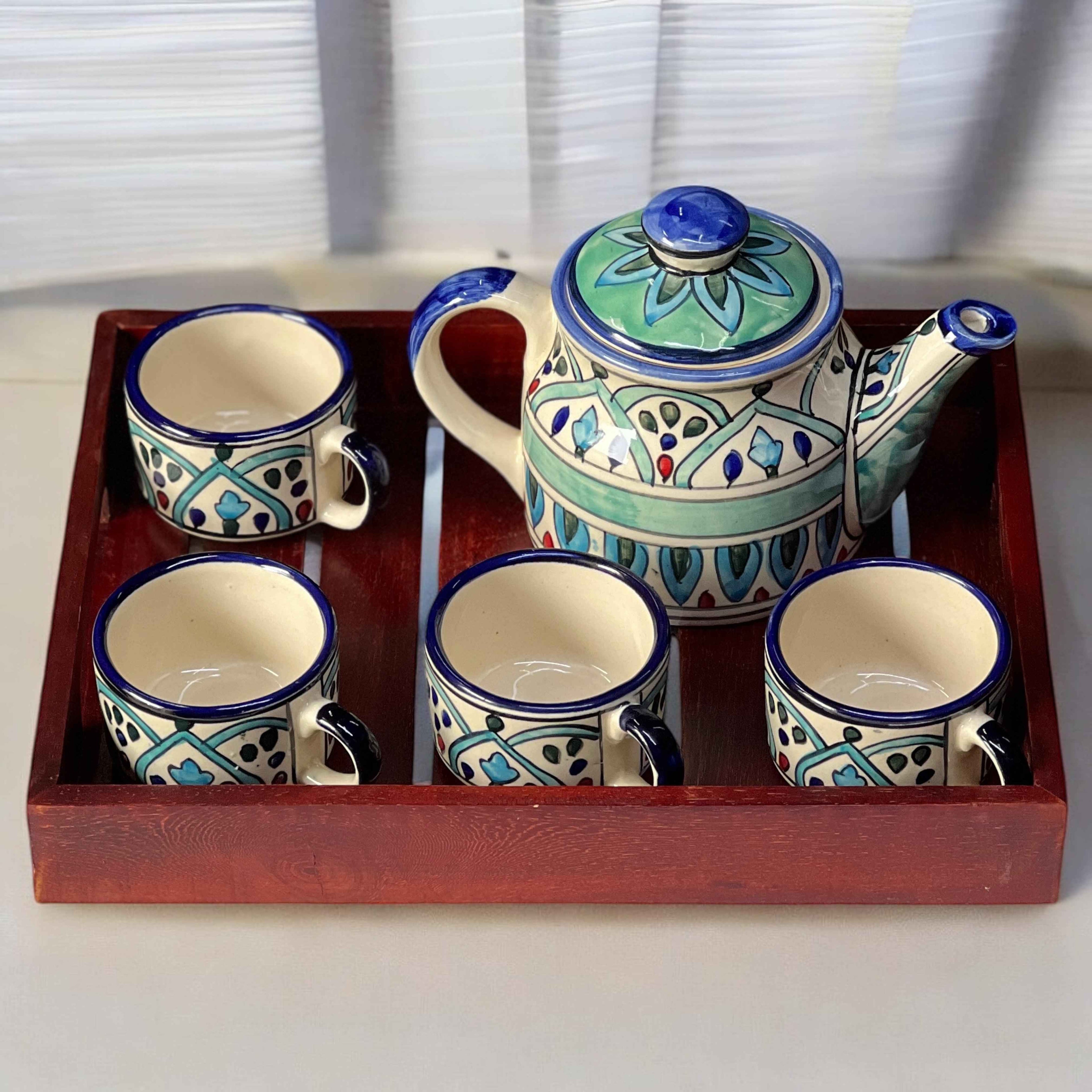 Royal Mehrab Ceramic Tea Set with Wooden Tray | Hand-Painted Kettle & 4 Cups - Clayful Homes