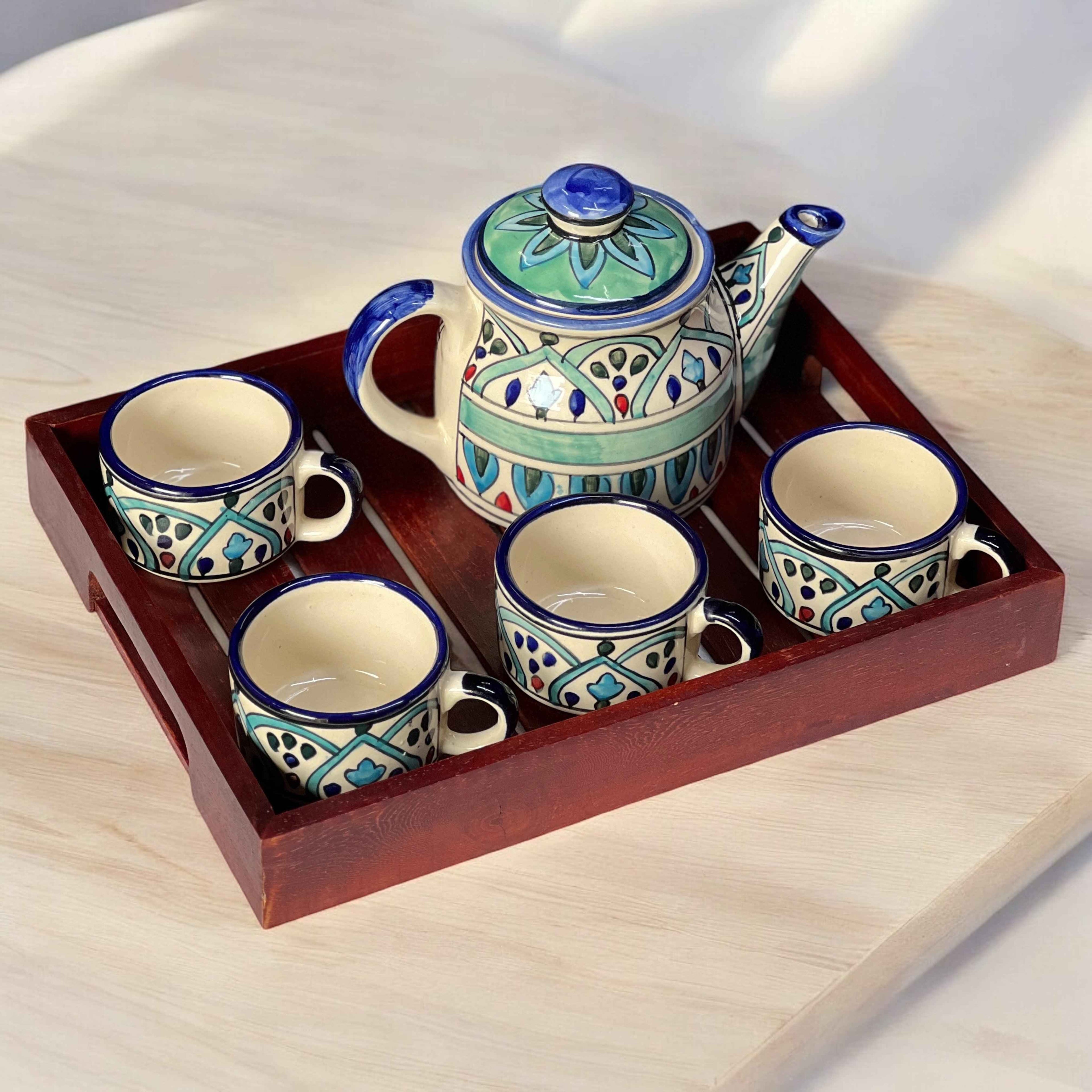 Royal Mehrab Ceramic Tea Set with Wooden Tray | Hand-Painted Kettle & 4 Cups - Clayful Homes