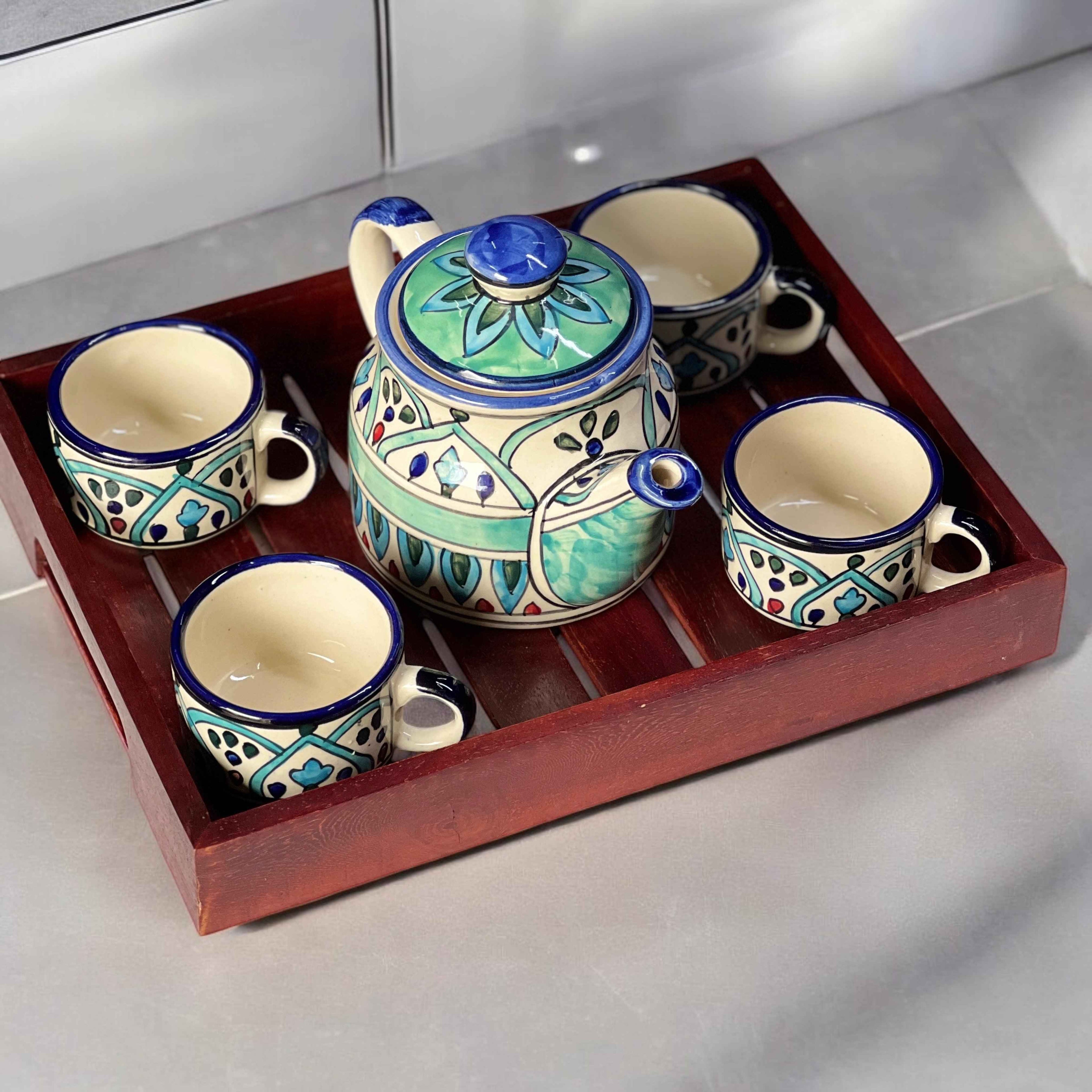 Royal Mehrab Ceramic Tea Set with Wooden Tray | Hand-Painted Kettle & 4 Cups - Clayful Homes