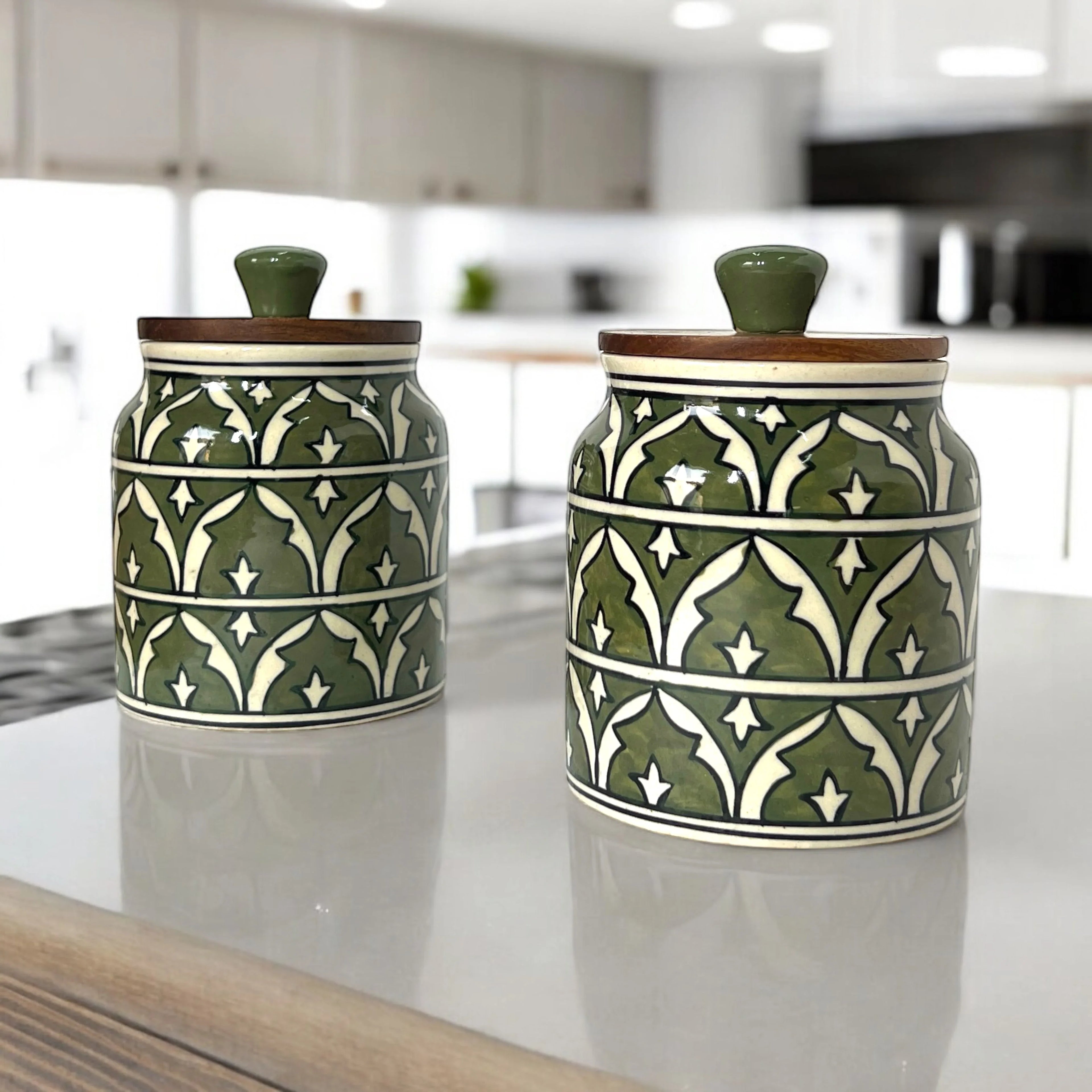 Green Mughal Garden Jar (Set of 1) - Clayful Homes