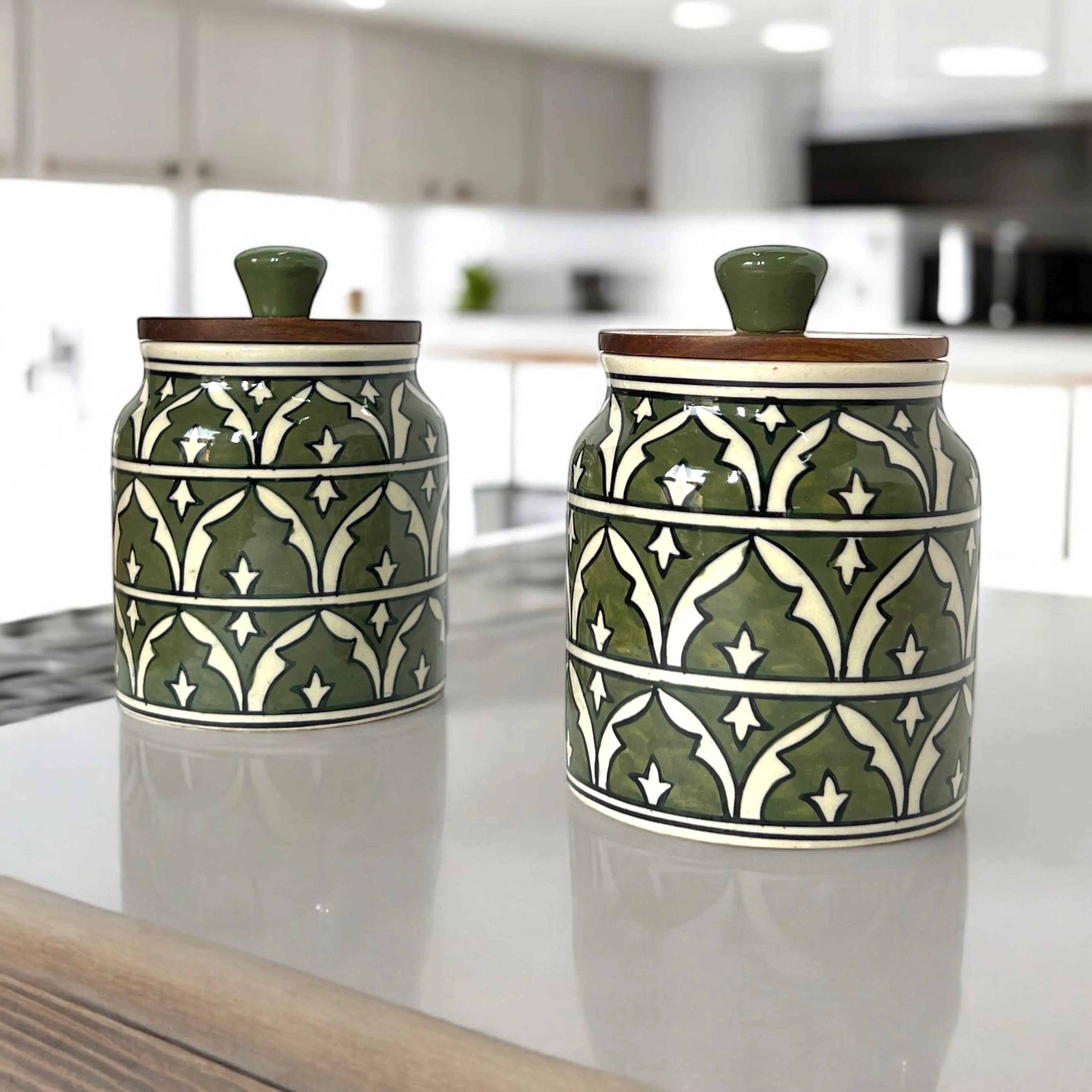 Green Mughal Garden Jar (Set of 1) - Clayful Homes