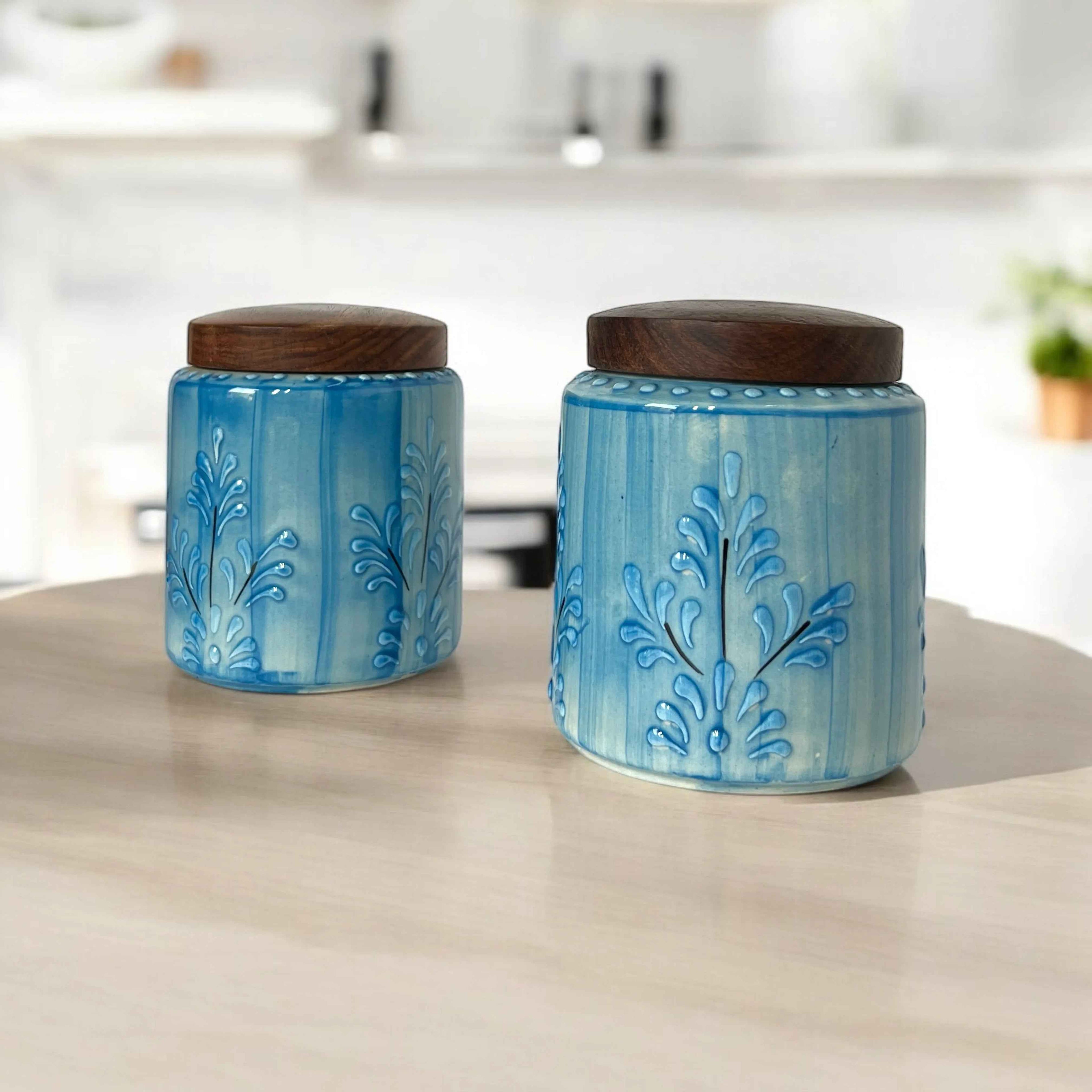 Embossed Blue Jar (Set of 1) - Clayful Homes