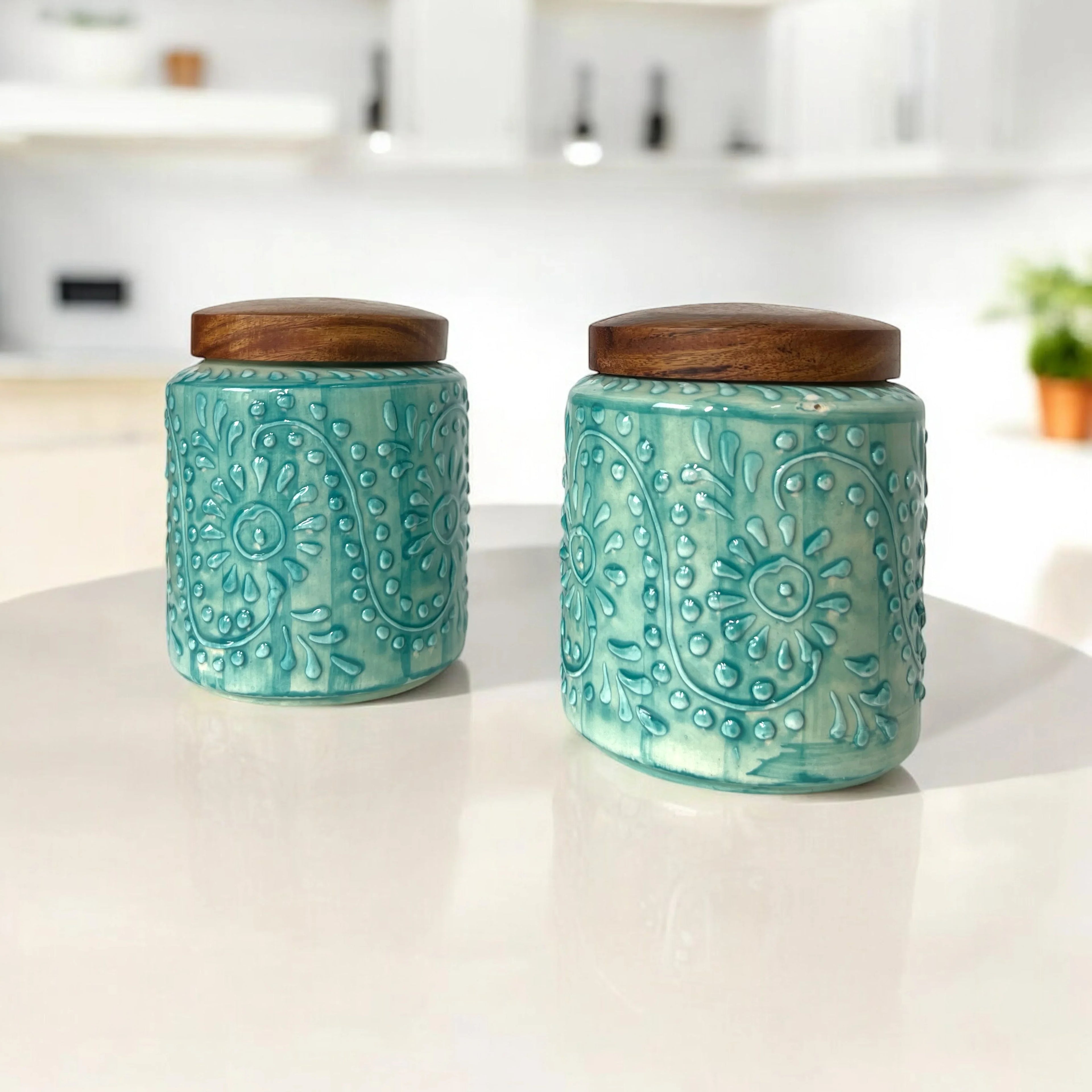 Embossed Sea Green Jar (Set of 1) - Clayful Homes