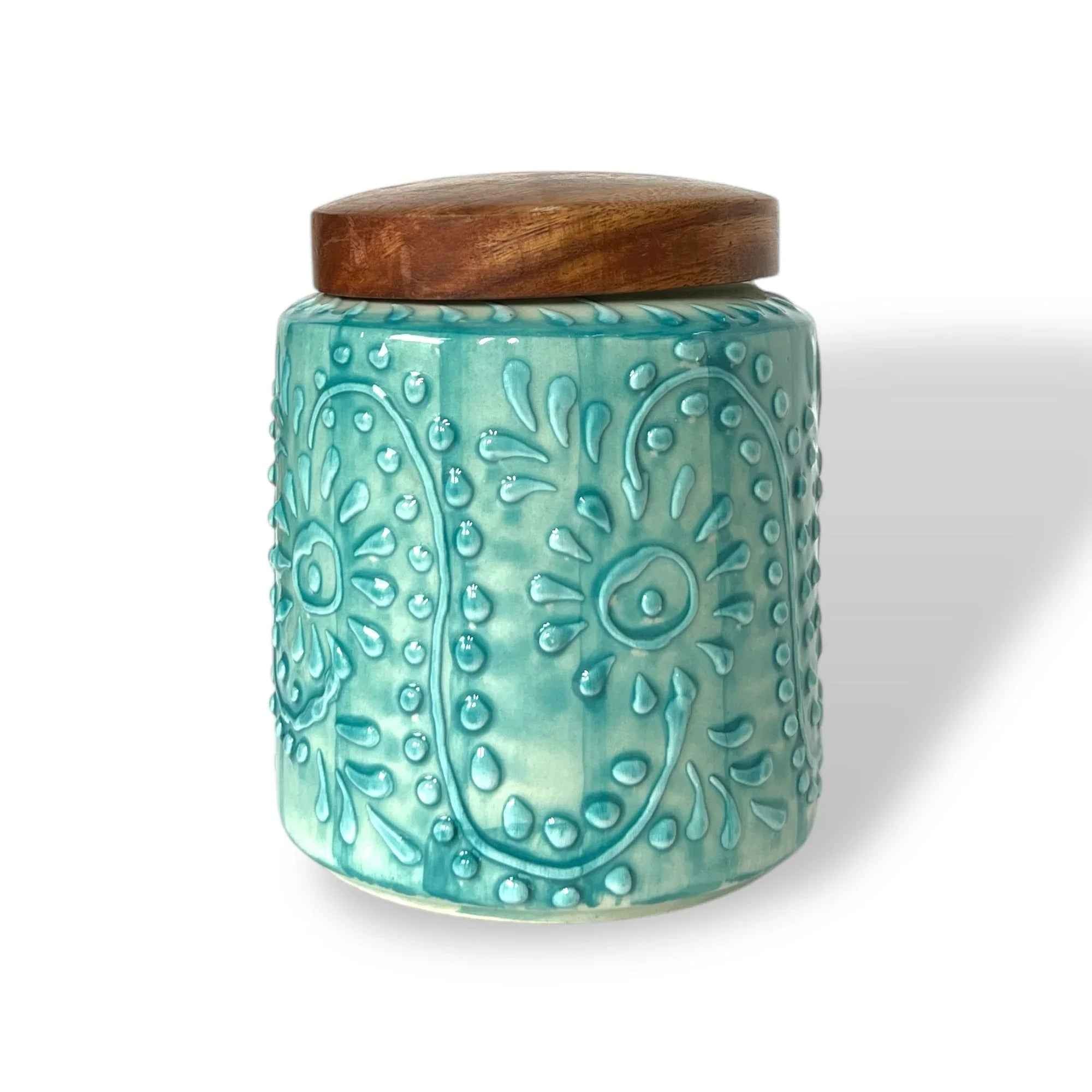 Embossed Sea Green Jar (Set of 1) - Clayful Homes