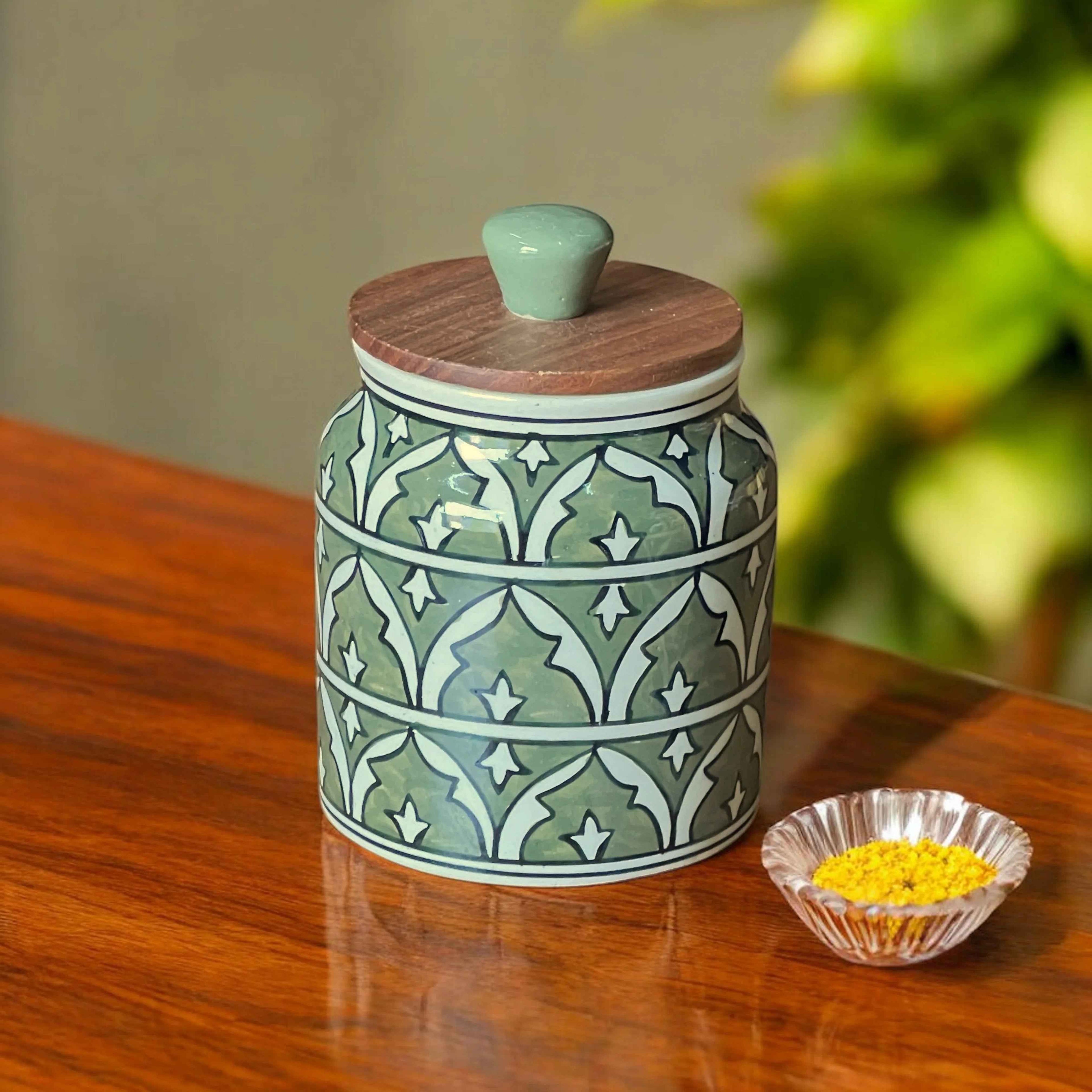 Green Mughal Garden Jar (Set of 1) - Clayful Homes