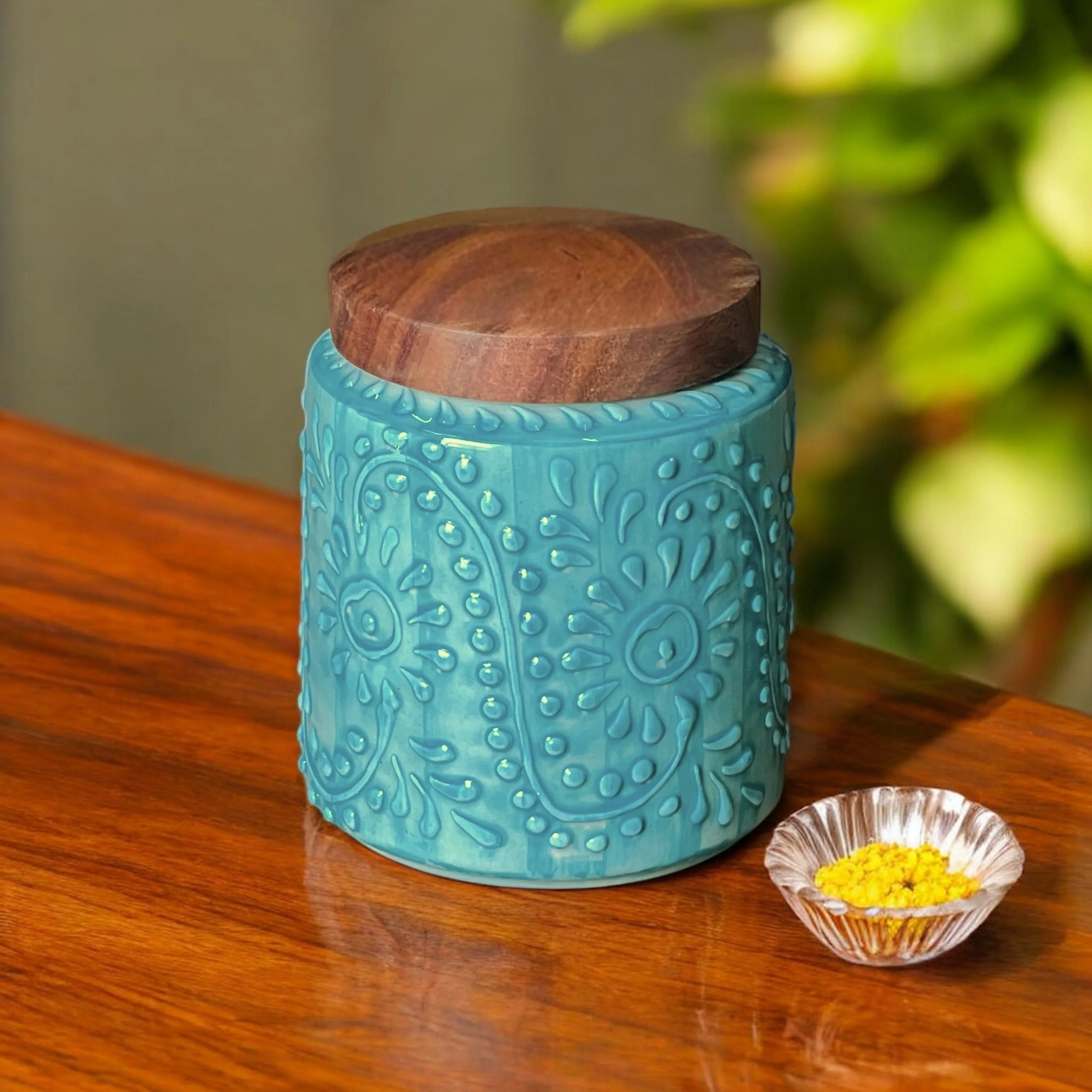 Embossed Sea Green Jar (Set of 1) - Clayful Homes