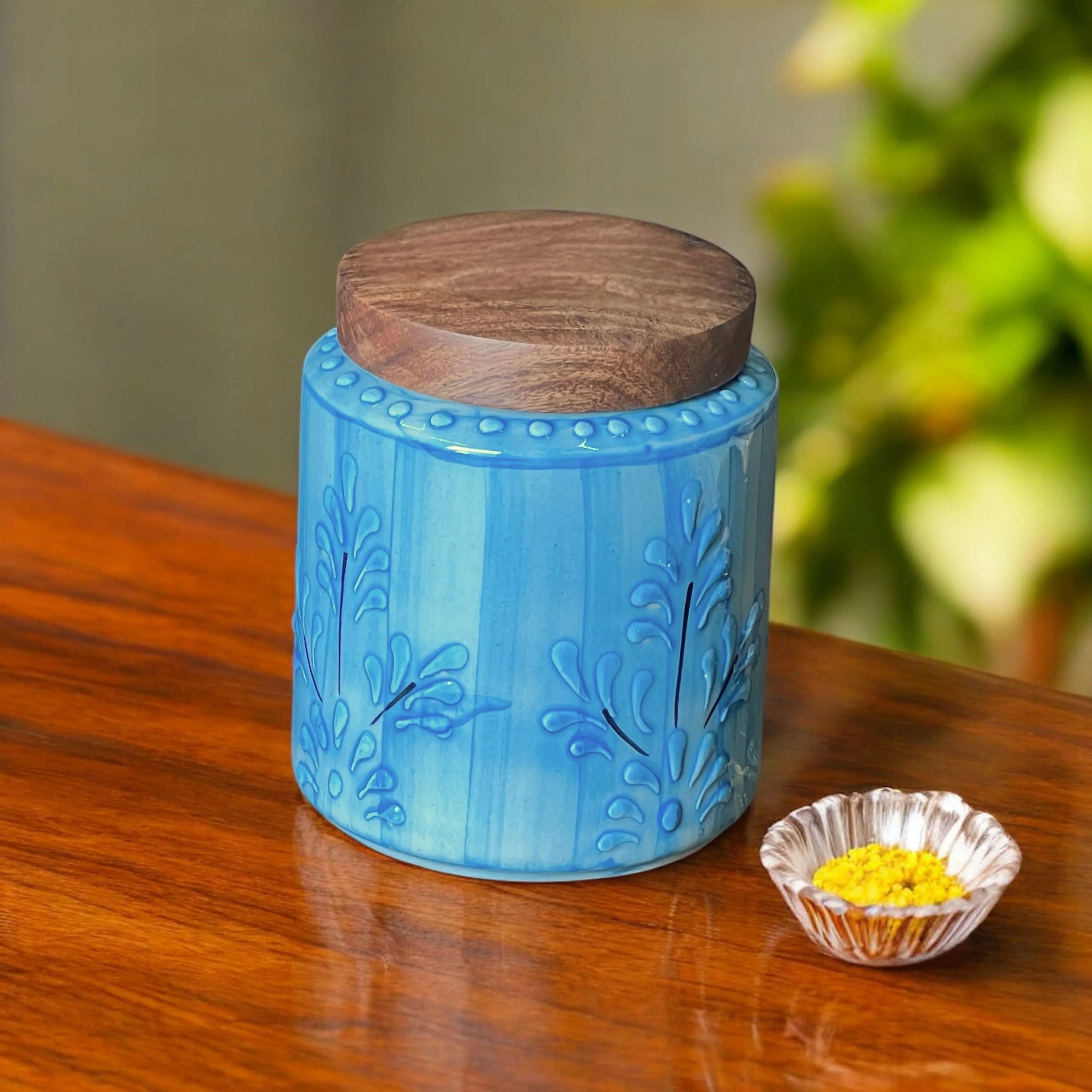 Embossed Blue Jar (Set of 1) - Clayful Homes