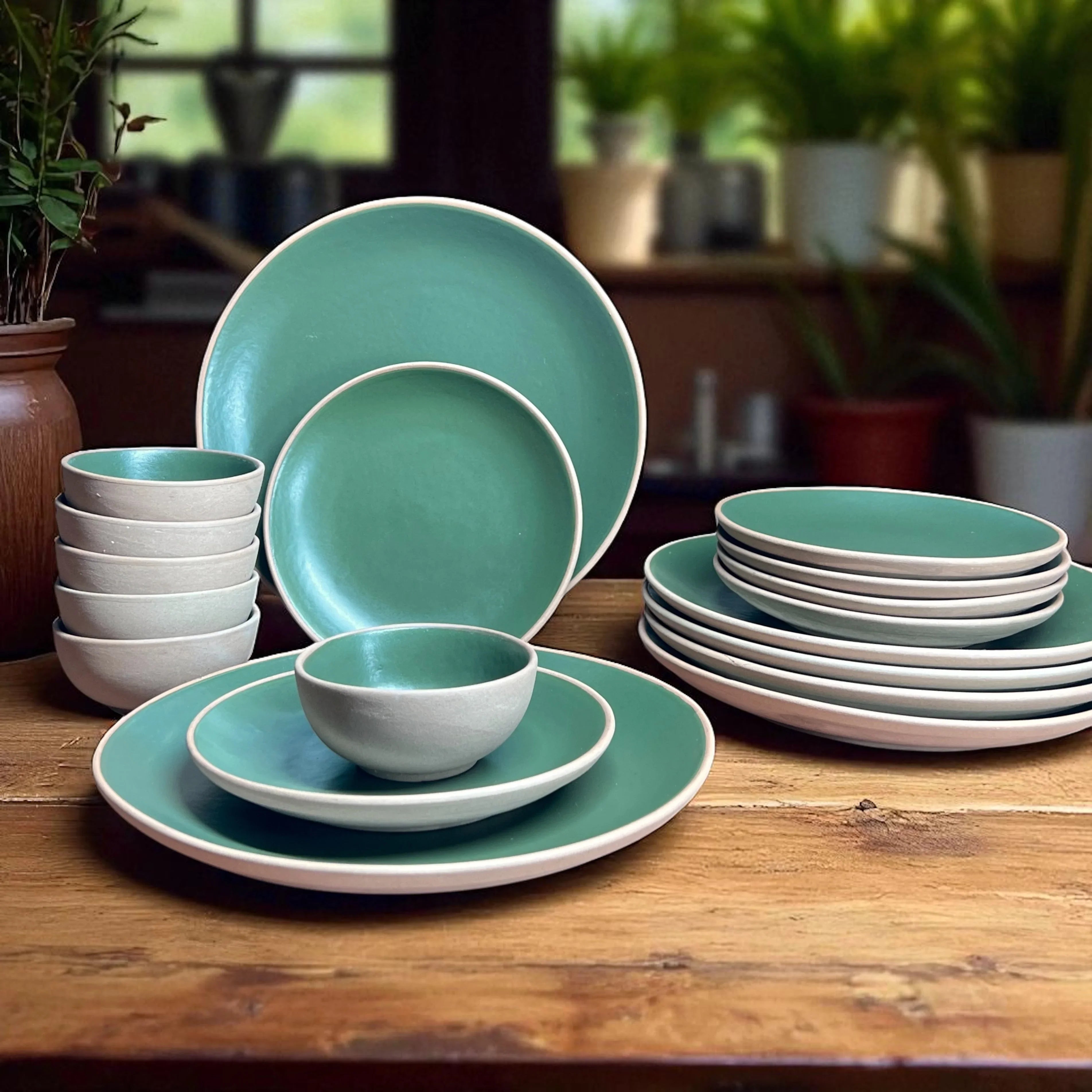 Earthy Green Dinner set (18pcs) - Clayful Homes