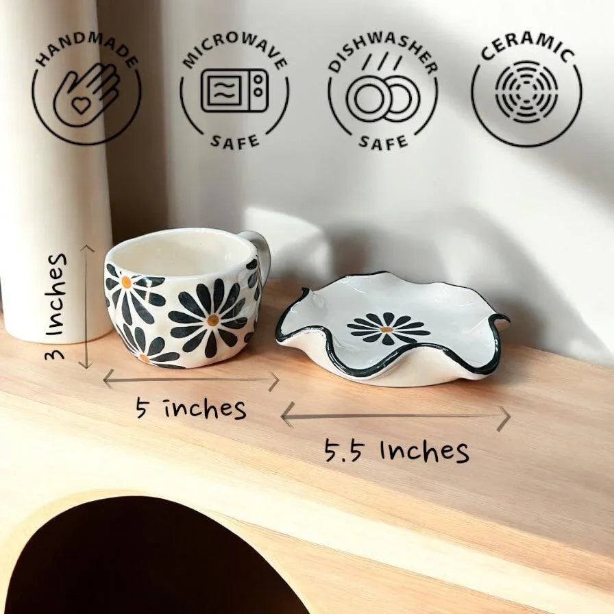 Black Flower Mug & Wavy Saucer - Clayful Homes