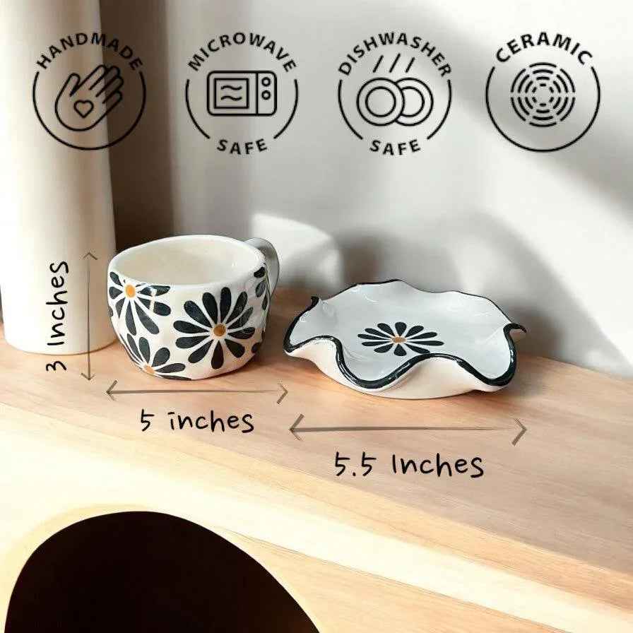 Black Flower Mug & Wavy Saucer - Clayful Homes