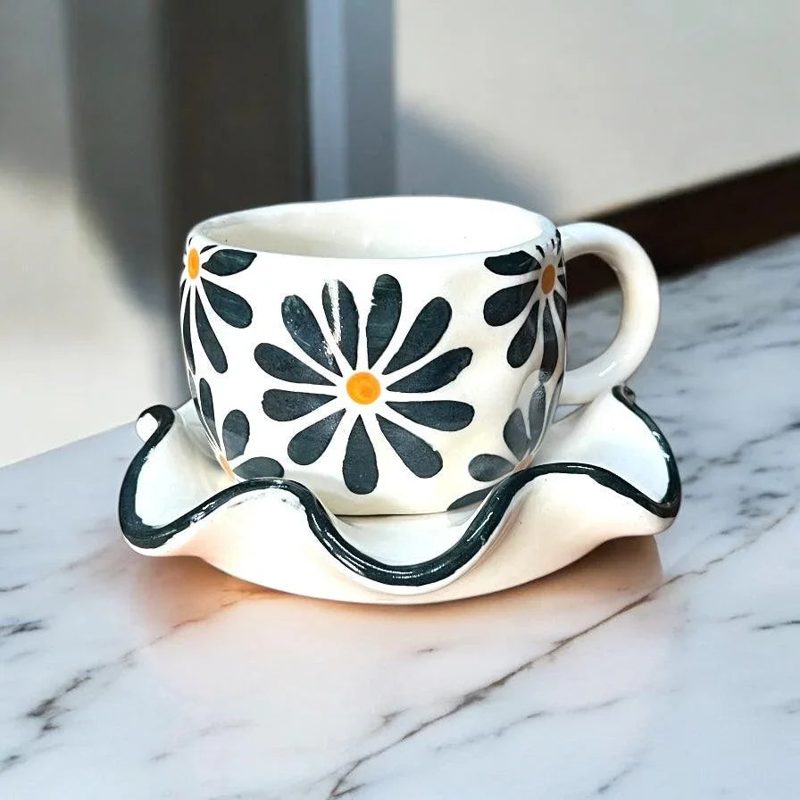 Black Flower Mug & Wavy Saucer - Clayful Homes