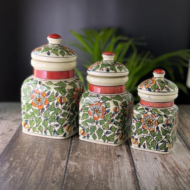 Ceramic Pickle Jars / Containers for Kitchen Storage, Hand Painted Barni - Set of 3 - Clayful Homes