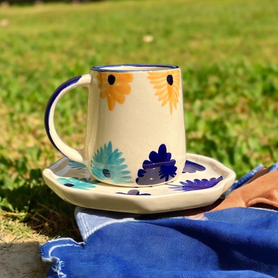 Blue & Yellow Flower Mug & Saucer - Clayful Homes