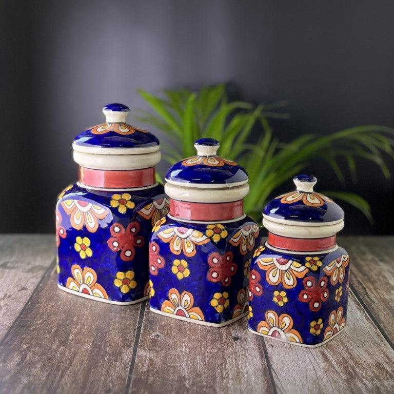 Ceramic Pickle Jars / Containers for Kitchen Storage, Hand Painted Barni - Set of 3 - Clayful Homes