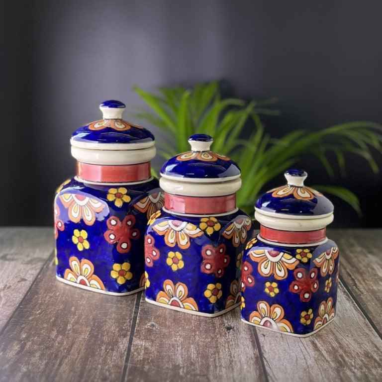 Ceramic Pickle Jars / Containers for Kitchen Storage, Hand Painted Barni - Set of 3 - Clayful Homes