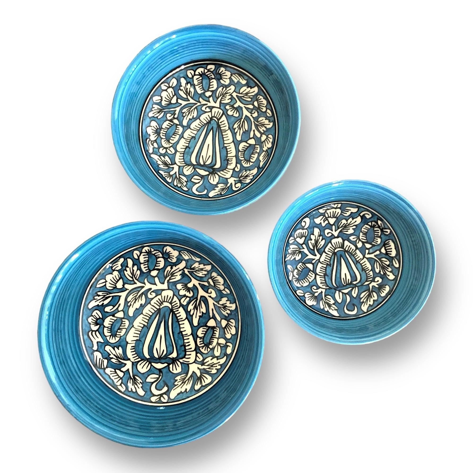Sky Blue Mughal Art Bowl Set of 3 - Clayful Homes