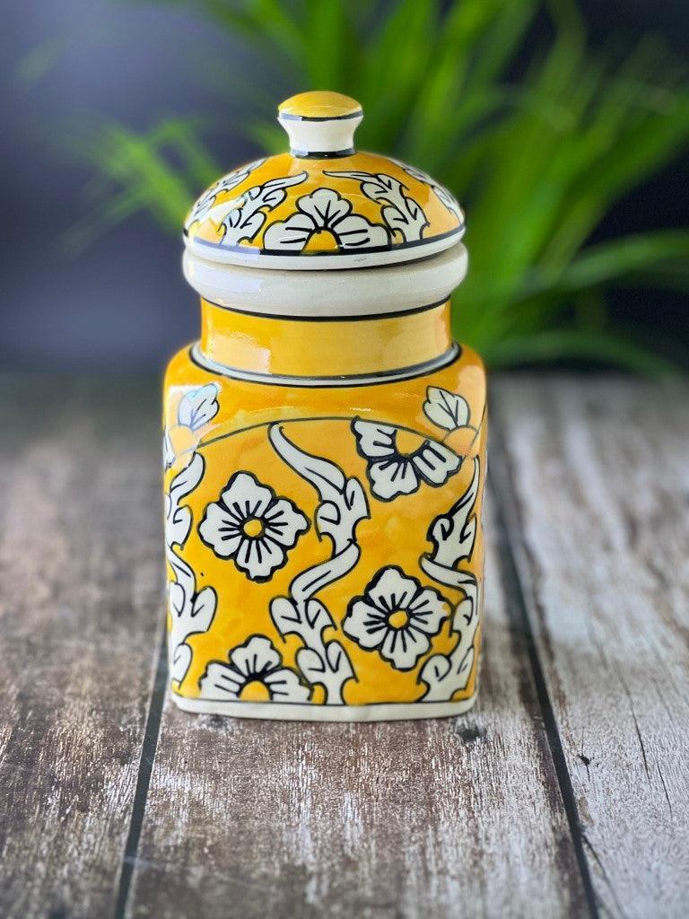 Ceramic Jars for Kitchen Storage Hand Painted Barni - Set of 1, Yellow - Clayful Homes