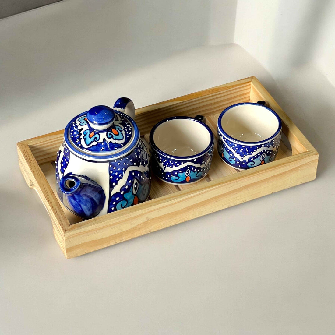 Mystic Open Eye Ceramic Tea Set with Wooden Tray | Hand-Painted Kettle & 2 Cups
