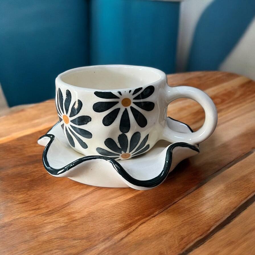 Black Flower Mug & Wavy Saucer - Clayful Homes