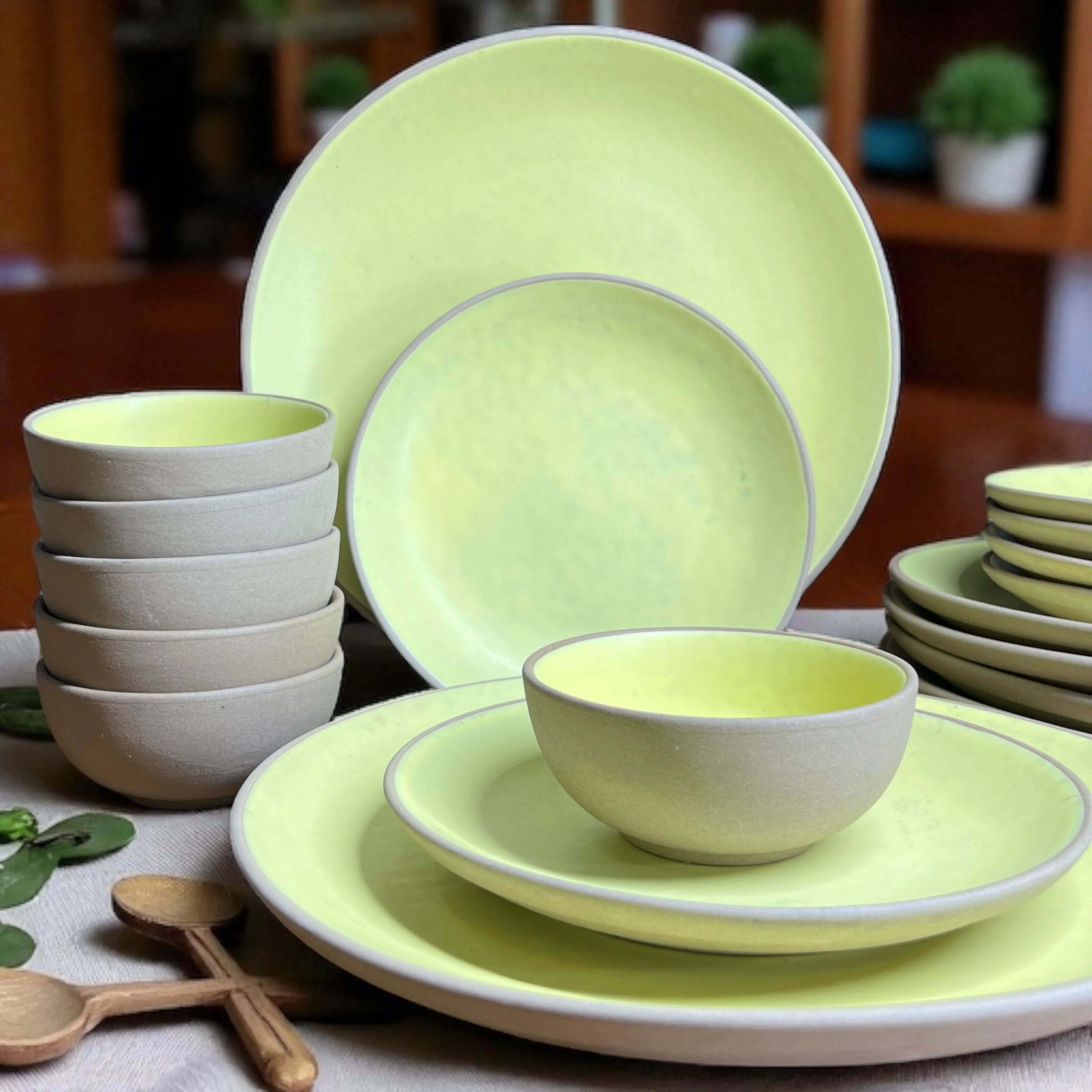 Earthy Lime Yellow Dinner set (18pcs) - Clayful Homes