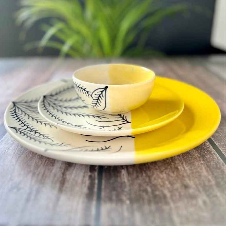 Hand Painted Yellow Dinner set (3 Pcs) - Clayful Homes