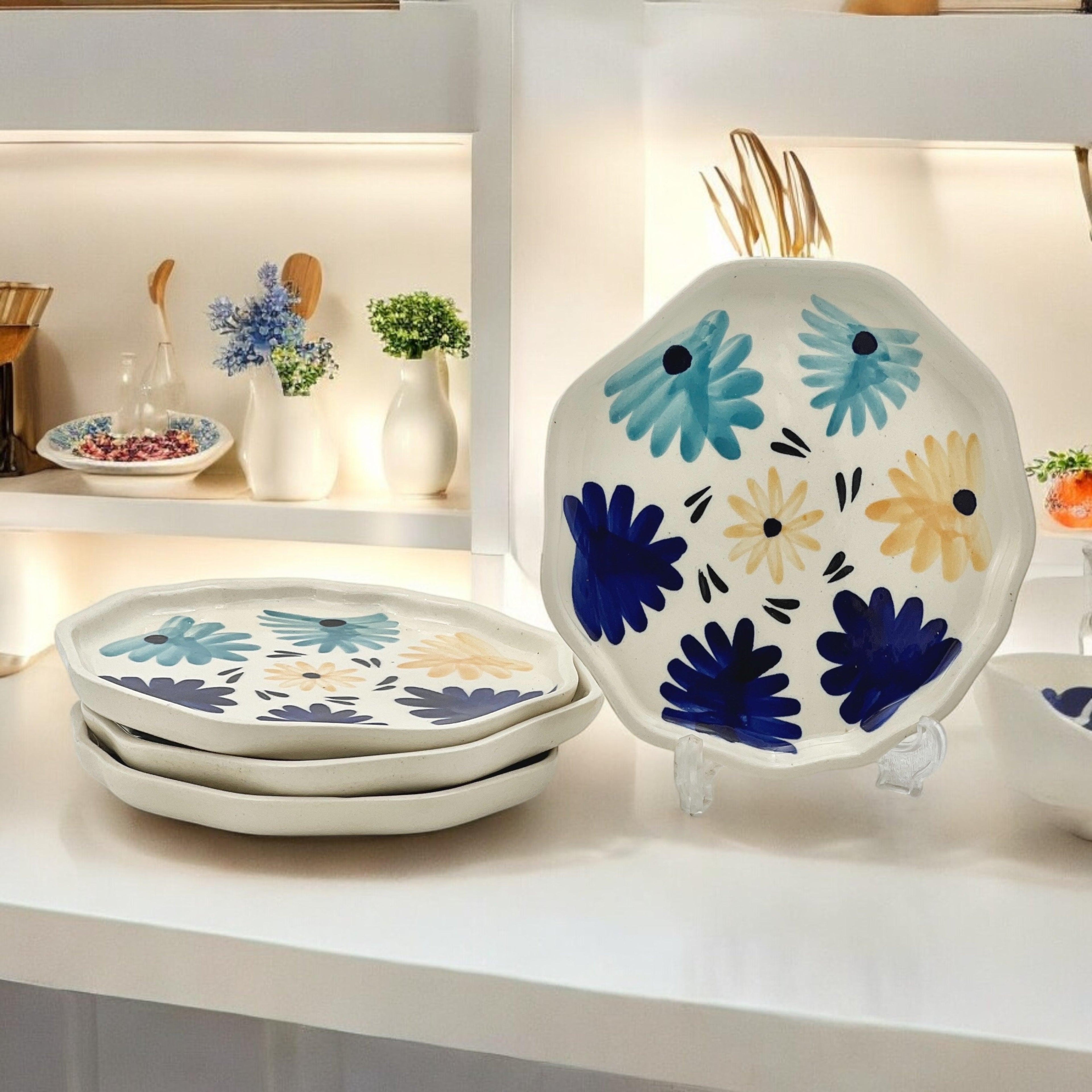 Four Blue & Yellow Flowers Snack/Dessert Plates - Clayful Homes