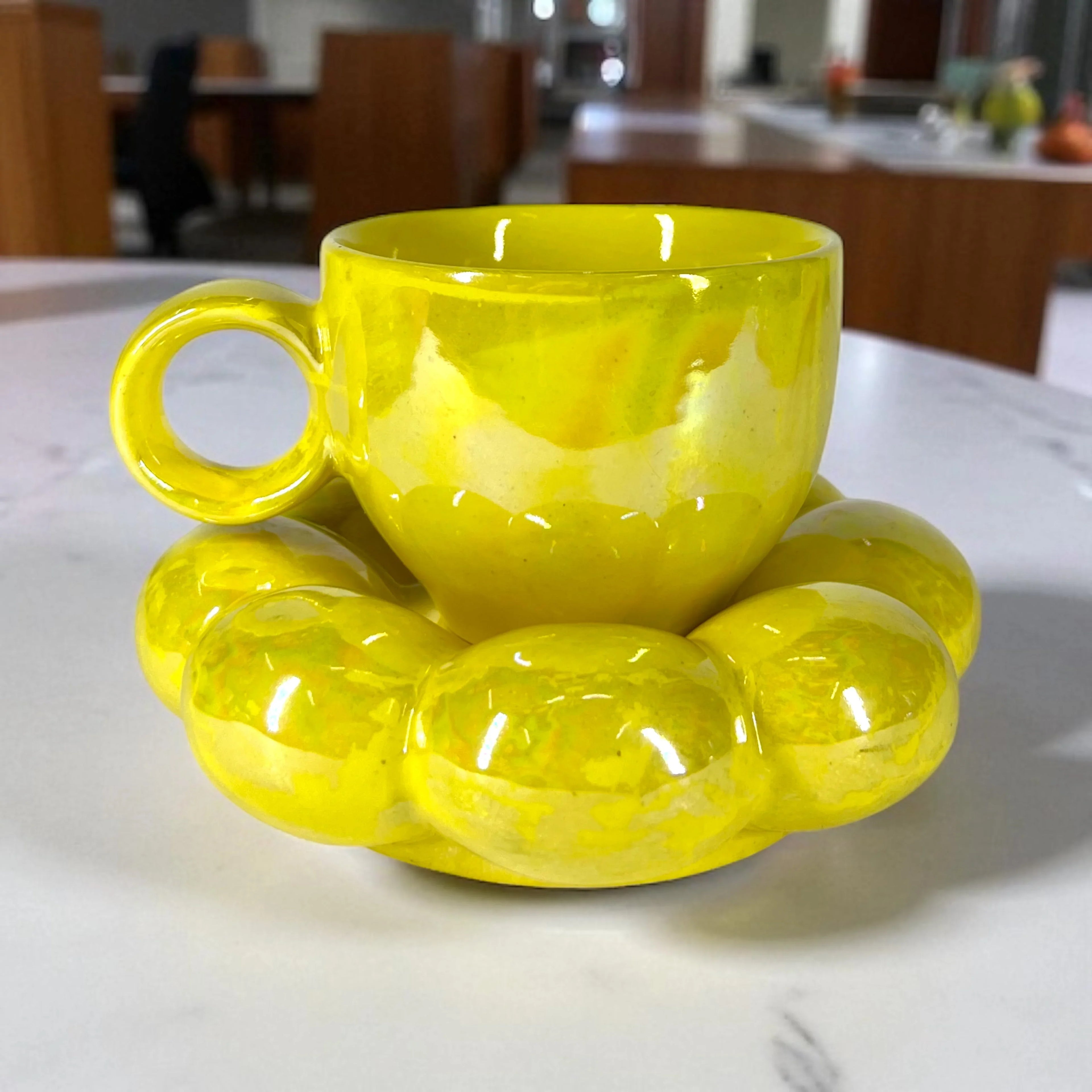 Bubbly Sunflower Coffee Mug & Saucer (Yellow) - Clayful Homes