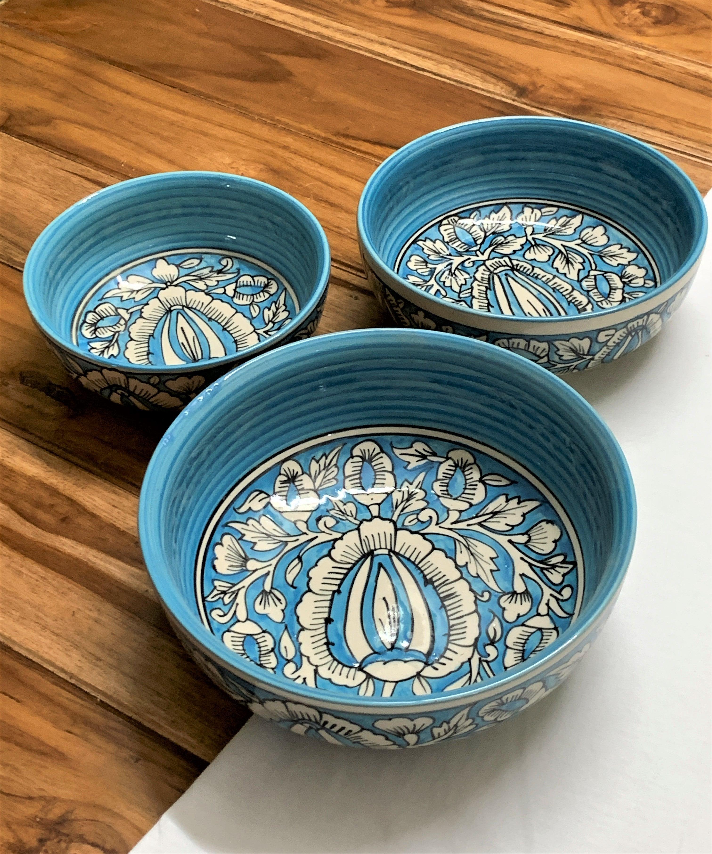 Sky Blue Mughal Art Bowl Set of 3 - Clayful Homes