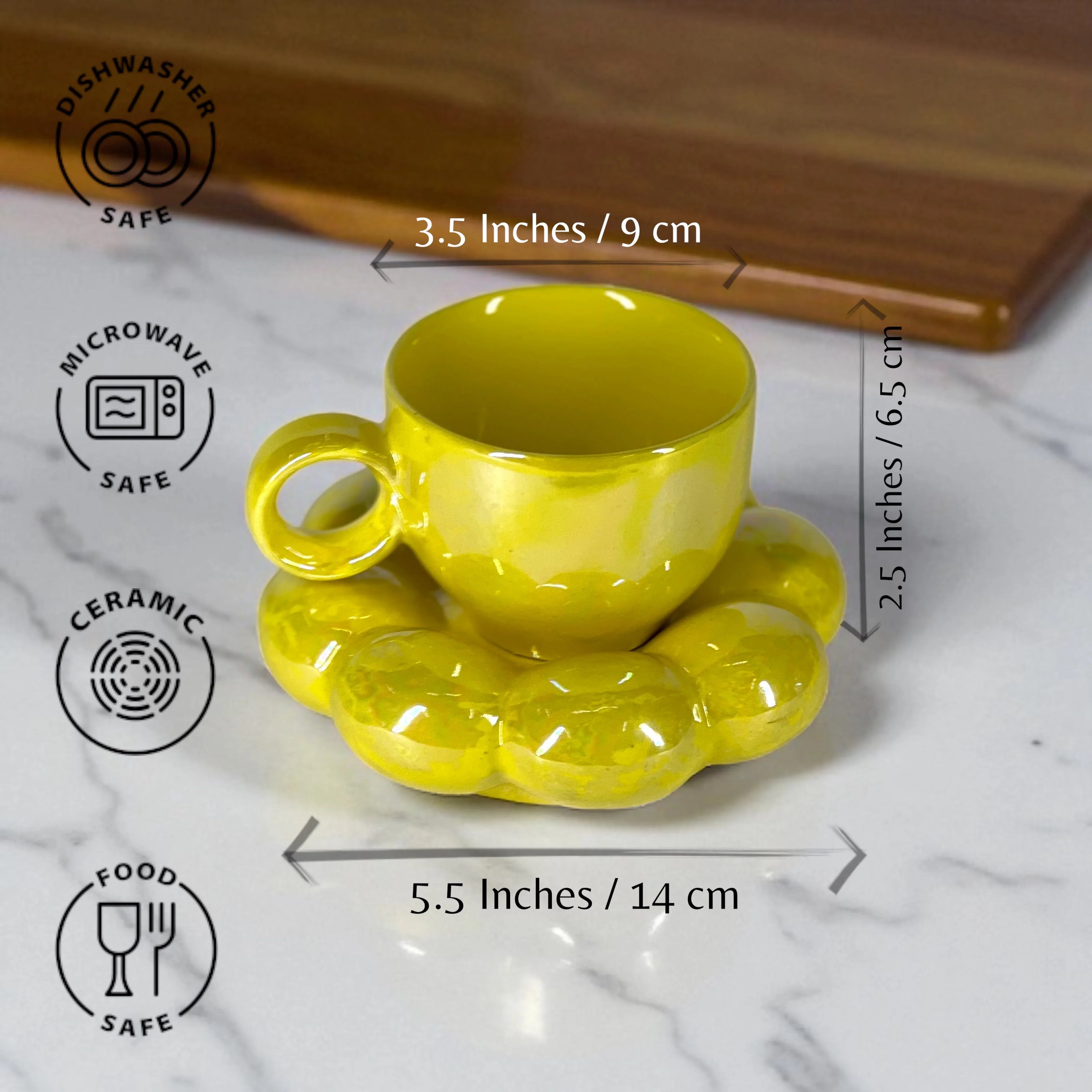 Bubbly Sunflower Coffee Mug & Saucer (Yellow) - Clayful Homes