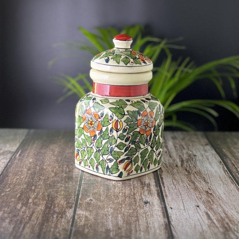 Ceramic Jars for Kitchen Storage Hand Painted Barni - Set of 1, Green - Clayful Homes