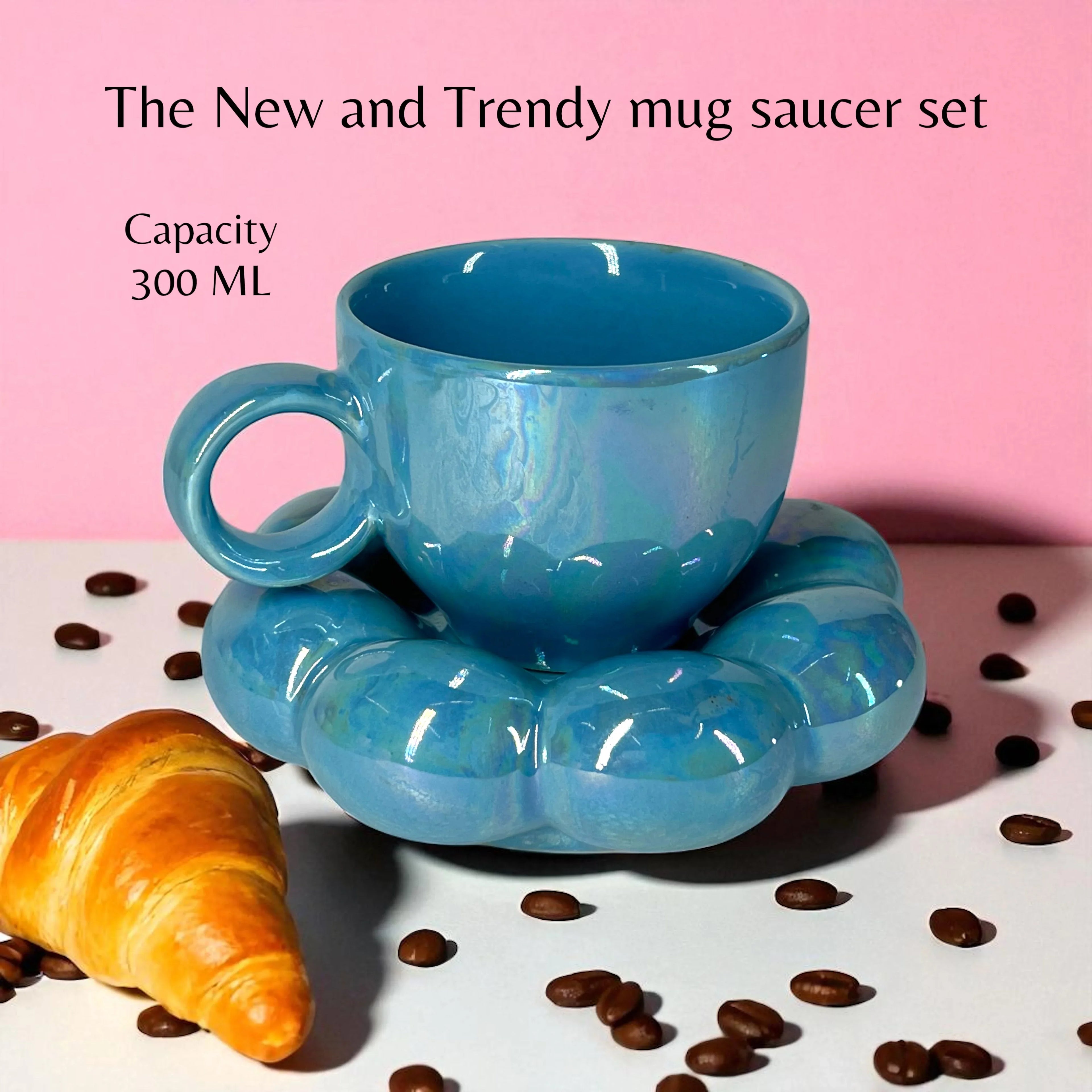 Bubbly Sunflower Coffee Mug & Saucer (Blue) - Clayful Homes