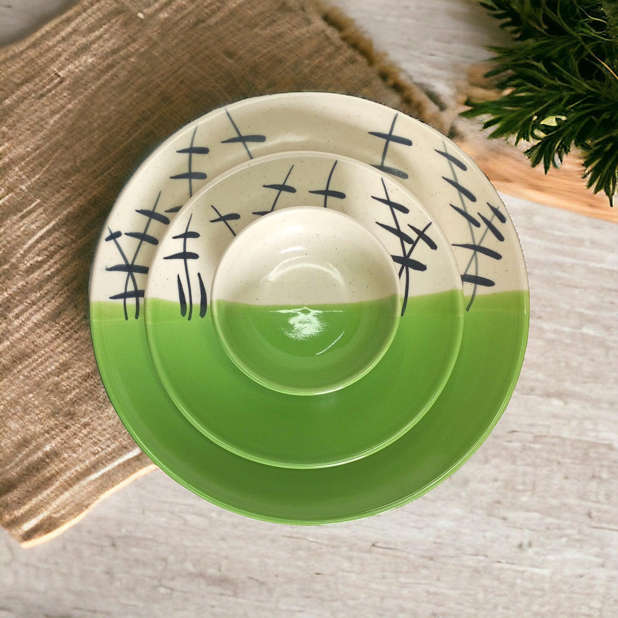 Hand Painted Green and White Dinner Set (18 Pcs) - Clayful Homes