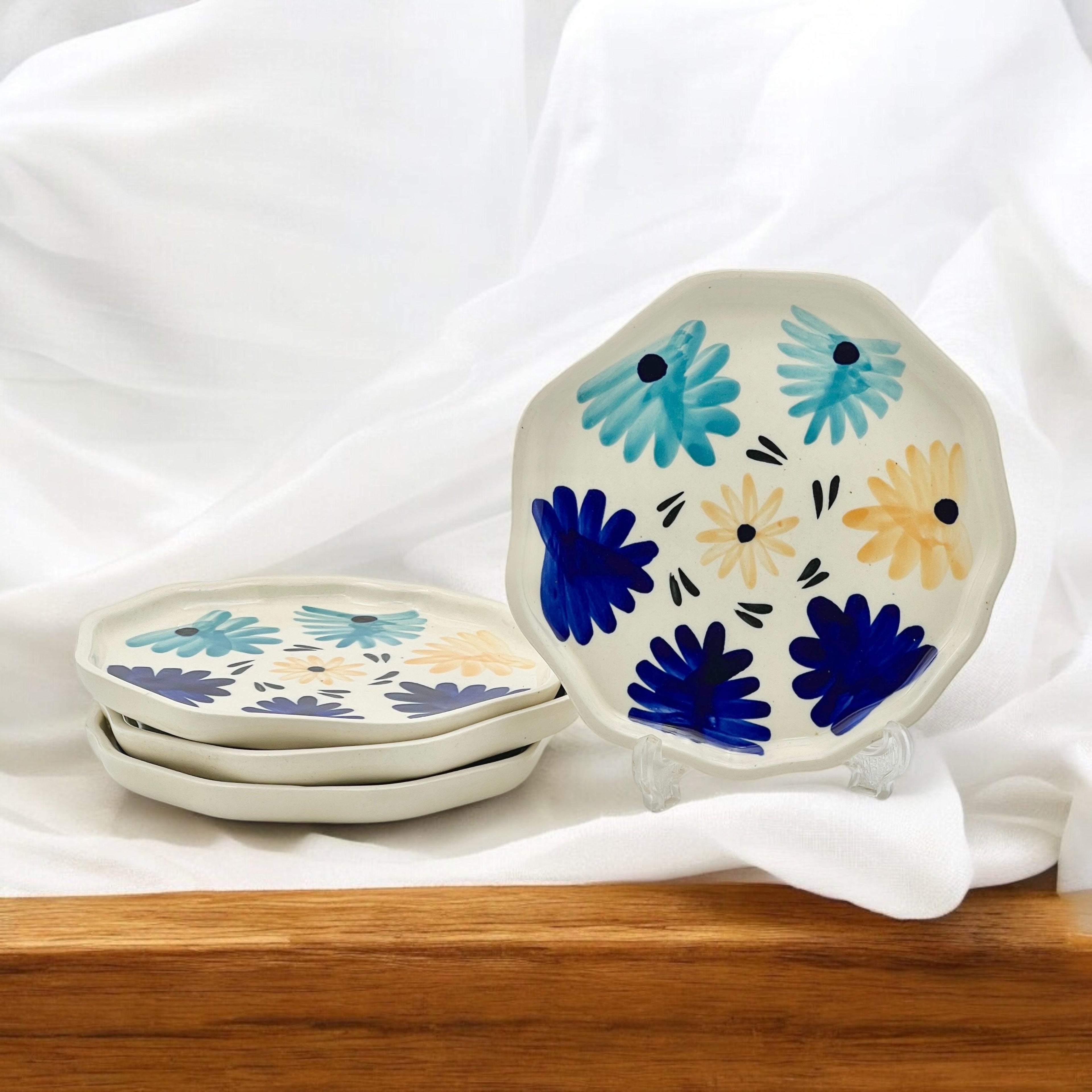 Four Blue & Yellow Flowers Snack/Dessert Plates - Clayful Homes