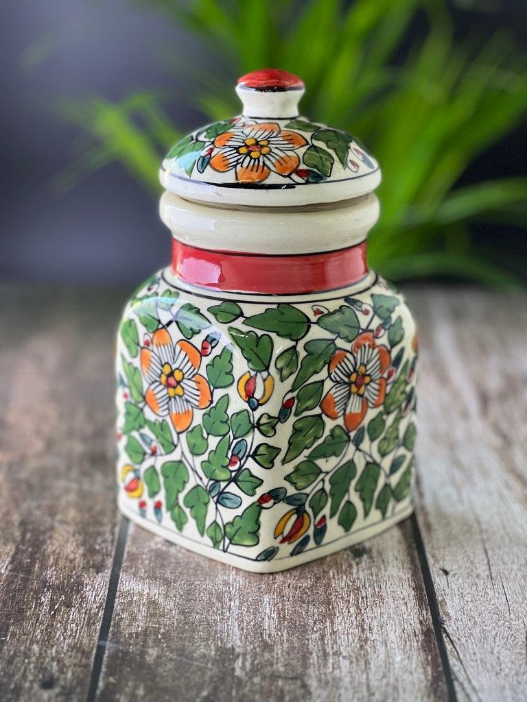 Ceramic Jars for Kitchen Storage Hand Painted Barni - Set of 1, Green - Clayful Homes