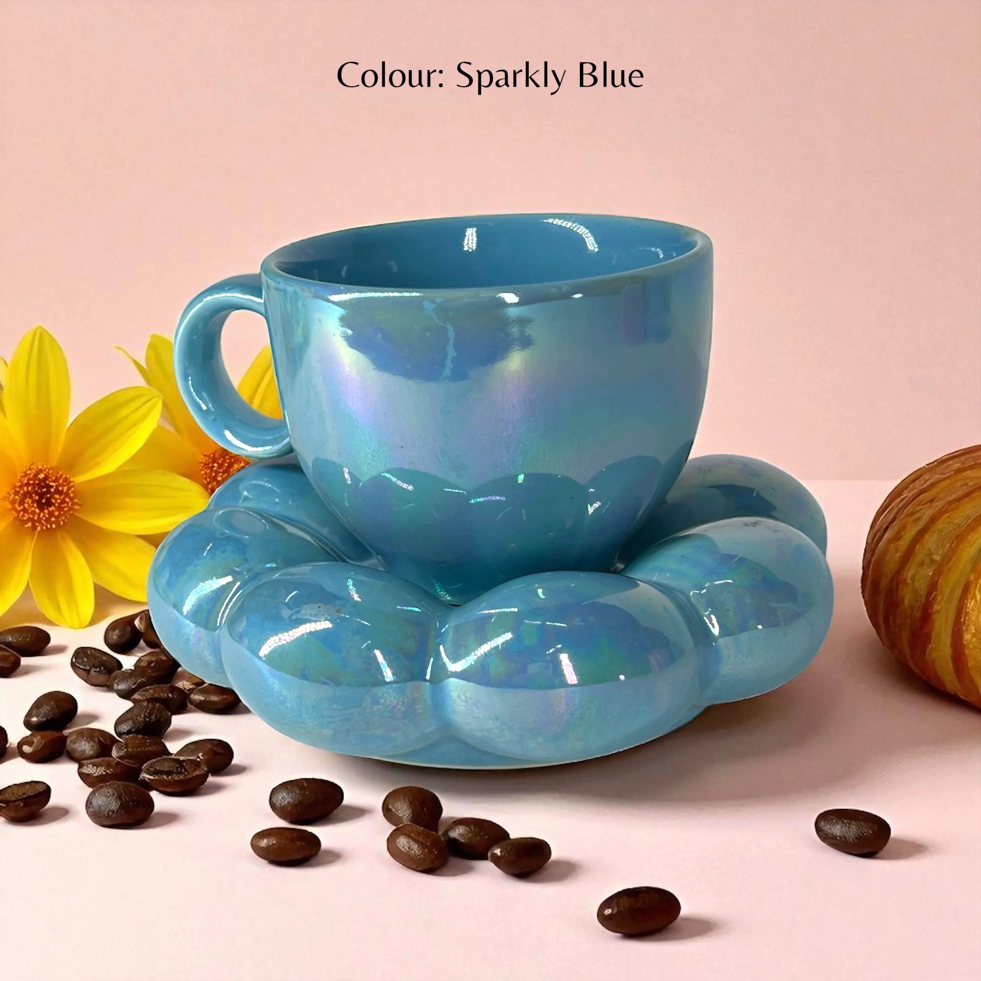Bubbly Sunflower Coffee Mug & Saucer (Blue) - Clayful Homes