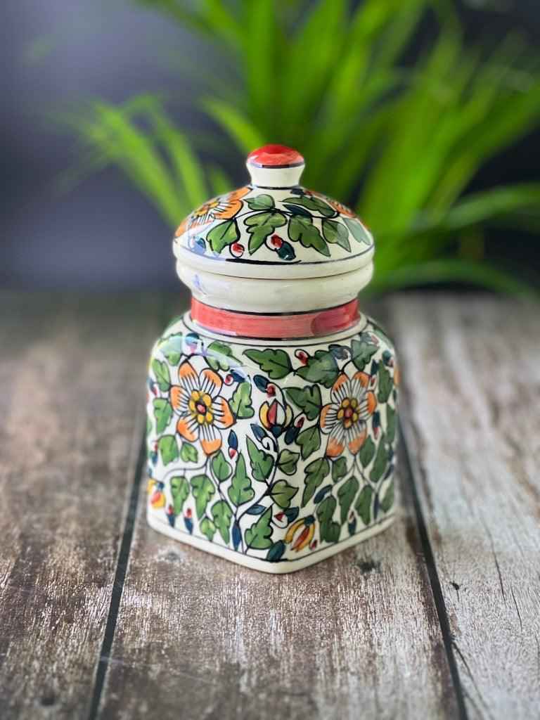Ceramic Jars for Kitchen Storage Hand Painted Barni - Set of 1, Green - Clayful Homes