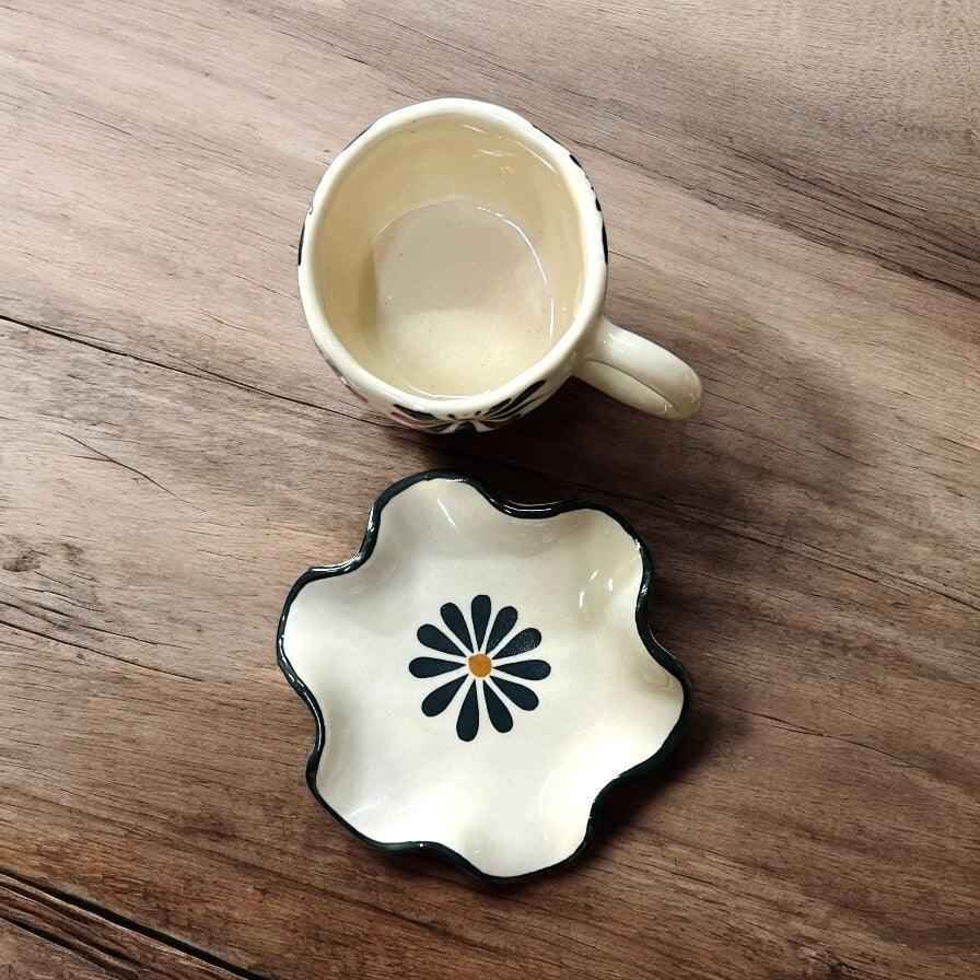 Black Flower Mug & Wavy Saucer - Clayful Homes