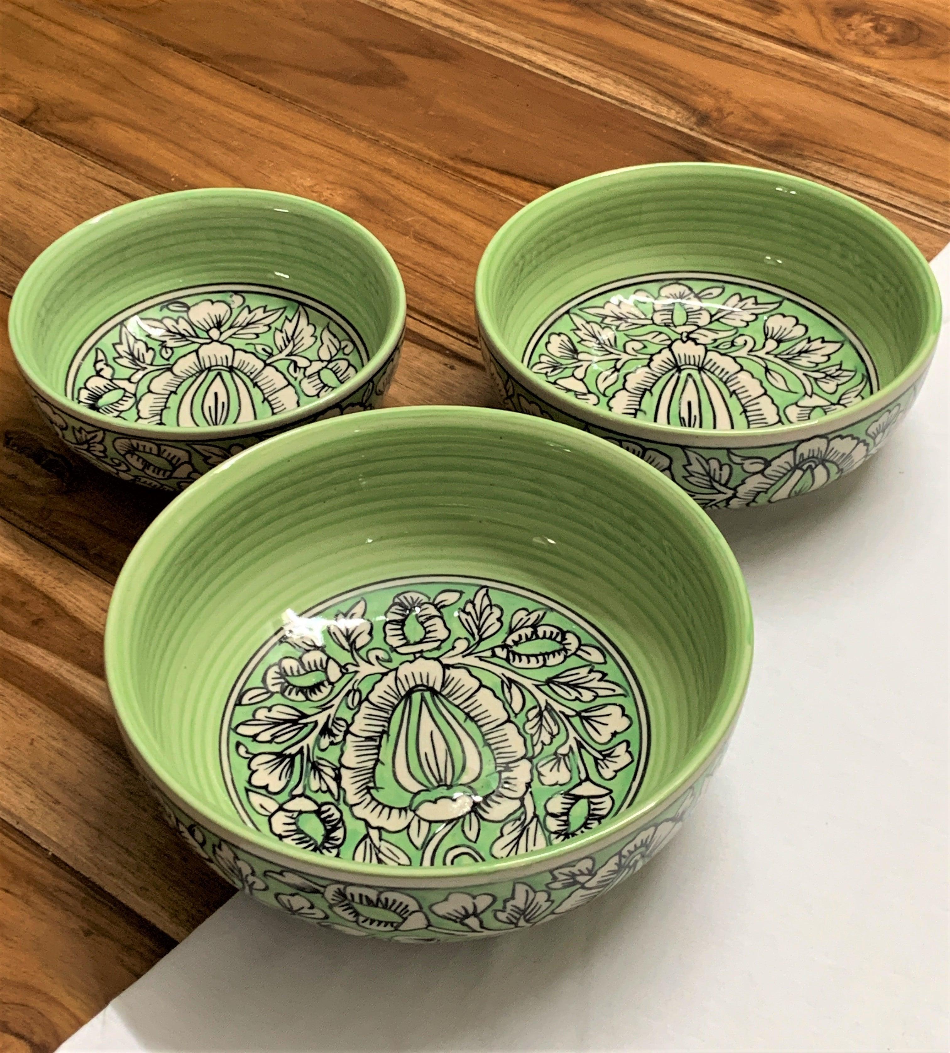 Aurora Green Mughal Art Bowl Set of 3 - Clayful Homes
