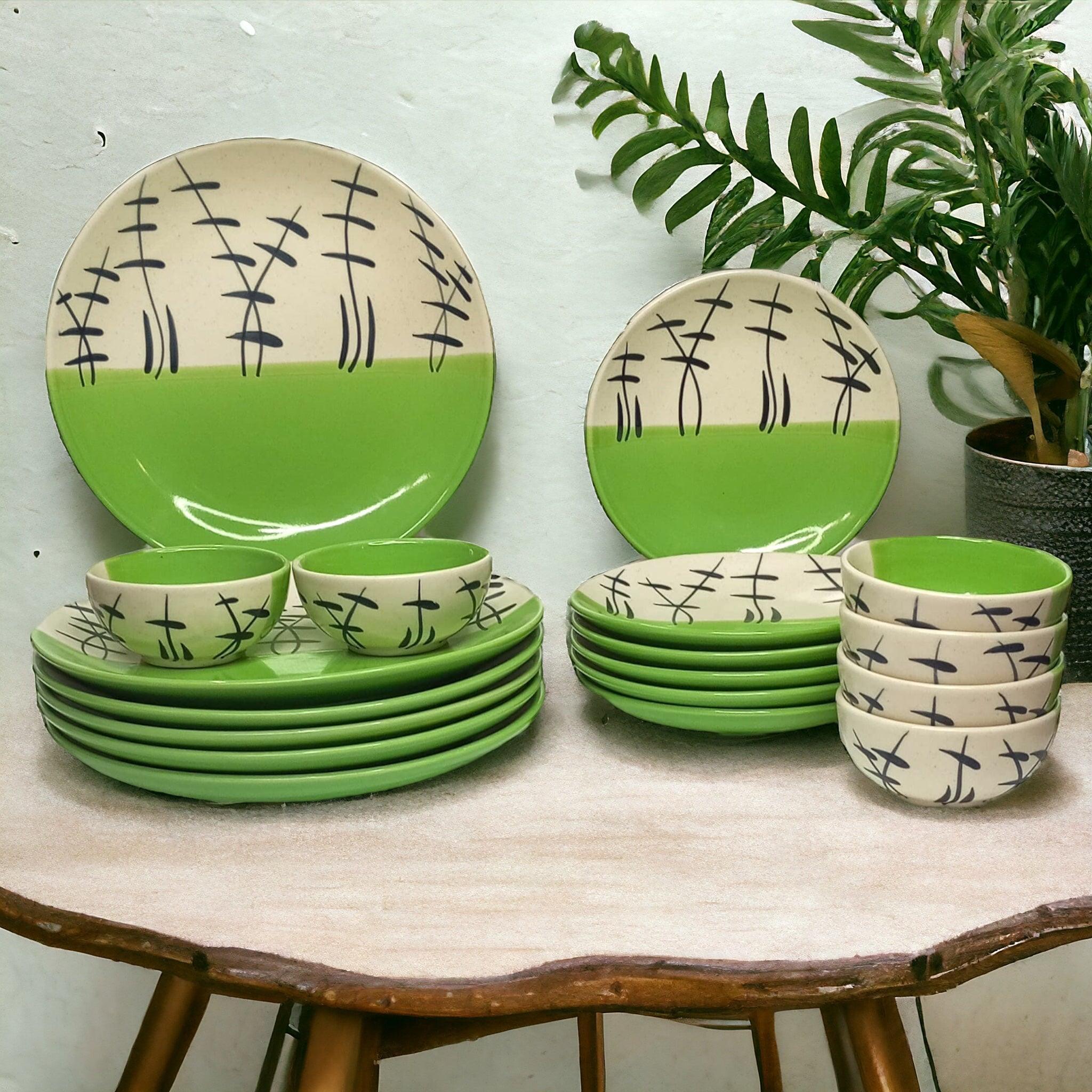 Hand Painted Green and White Dinner Set (18 Pcs) - Clayful Homes