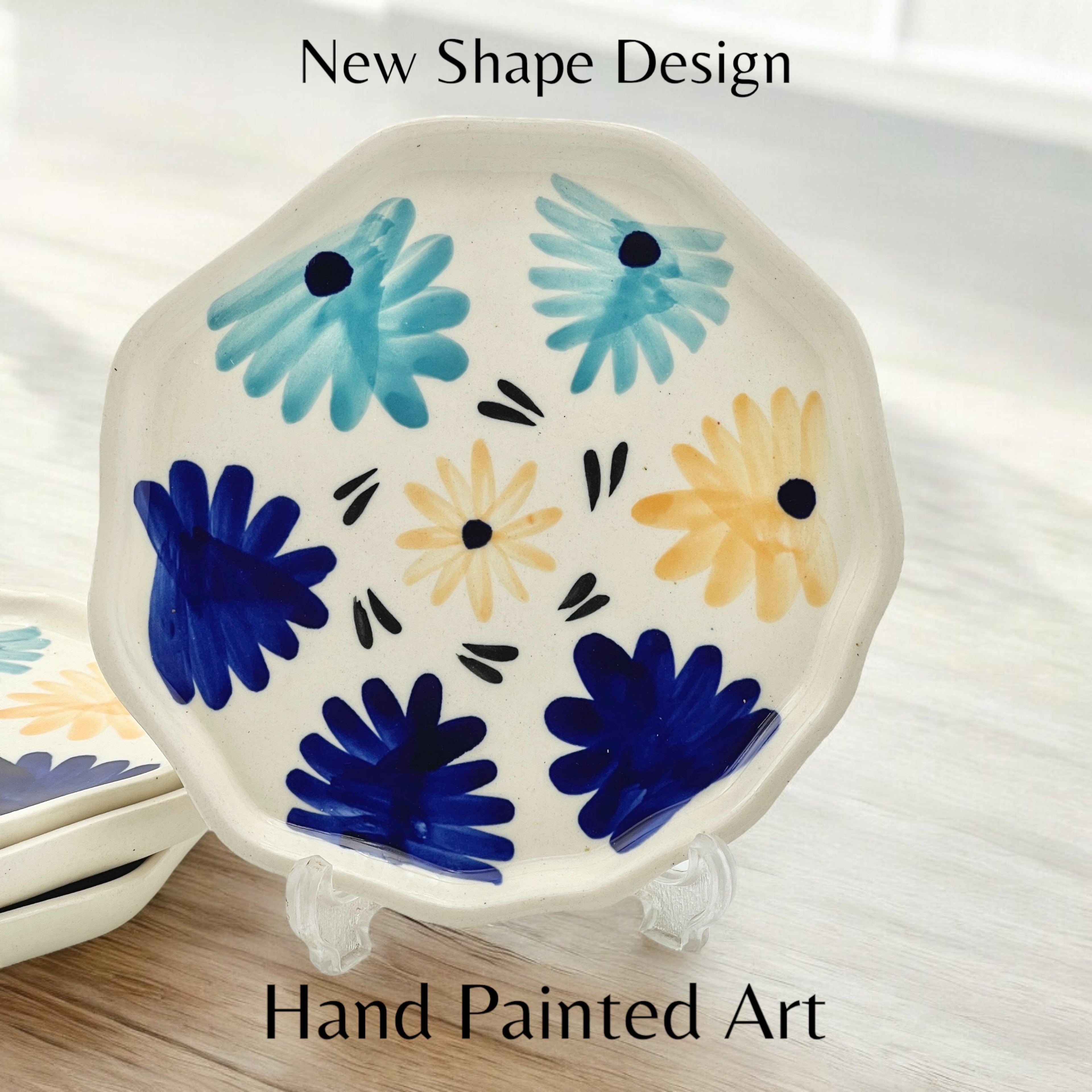 Four Blue & Yellow Flowers Snack/Dessert Plates - Clayful Homes