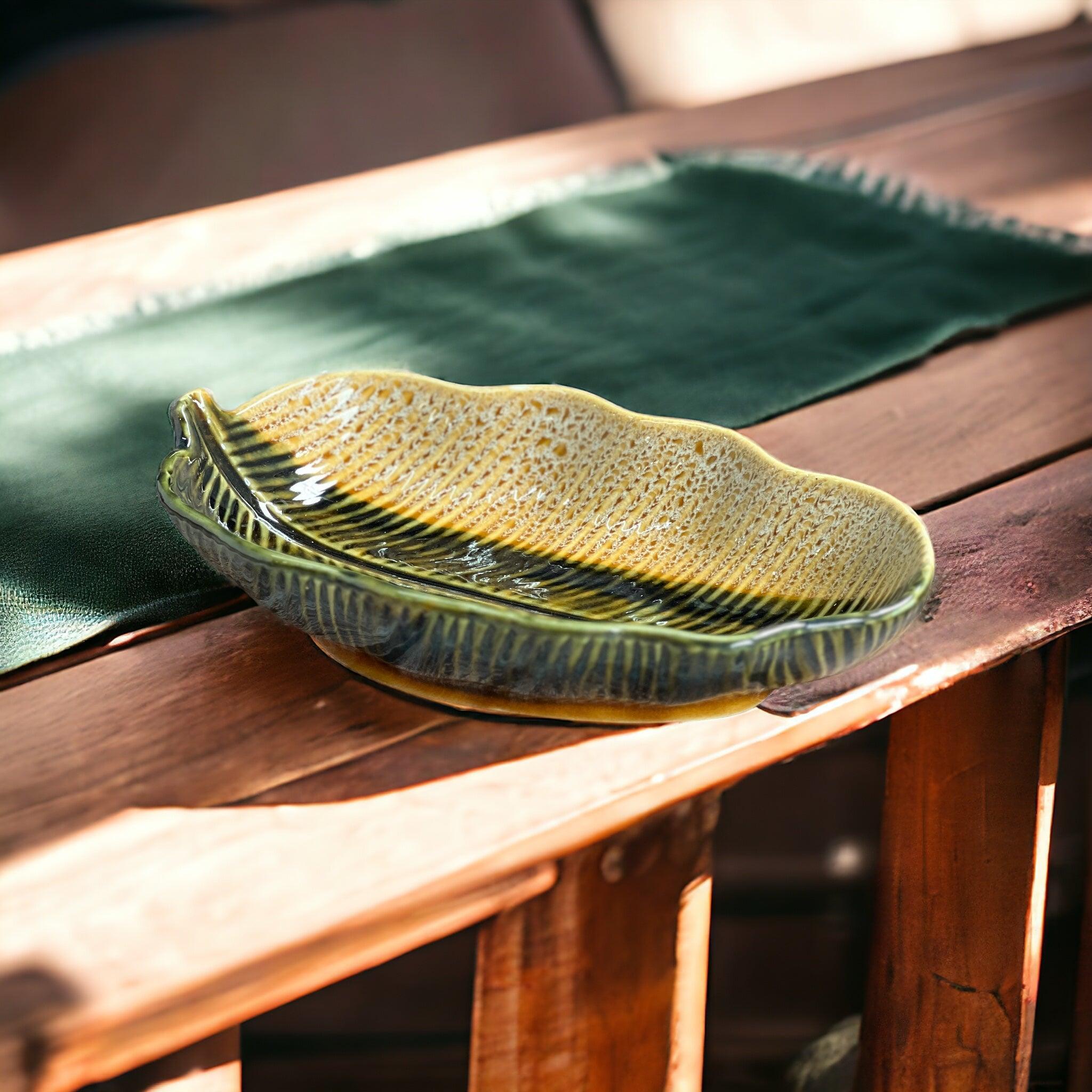 Green Grey Leaf Platter - Clayful Homes