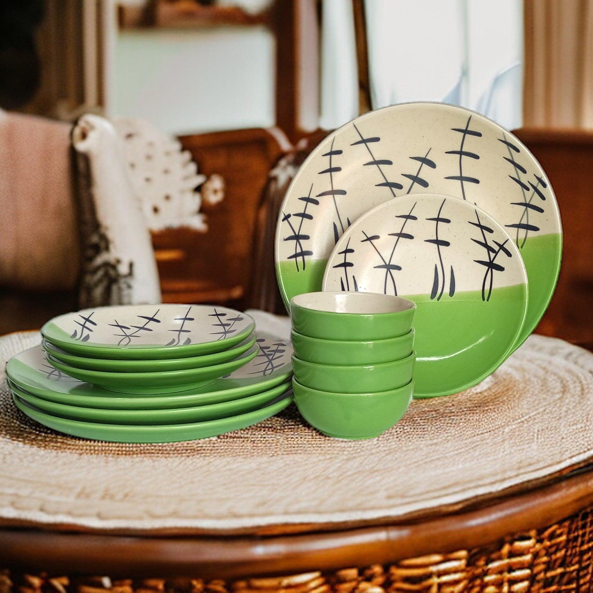 Green & White Dinnerware Set (12 Pcs) - Clayful Homes