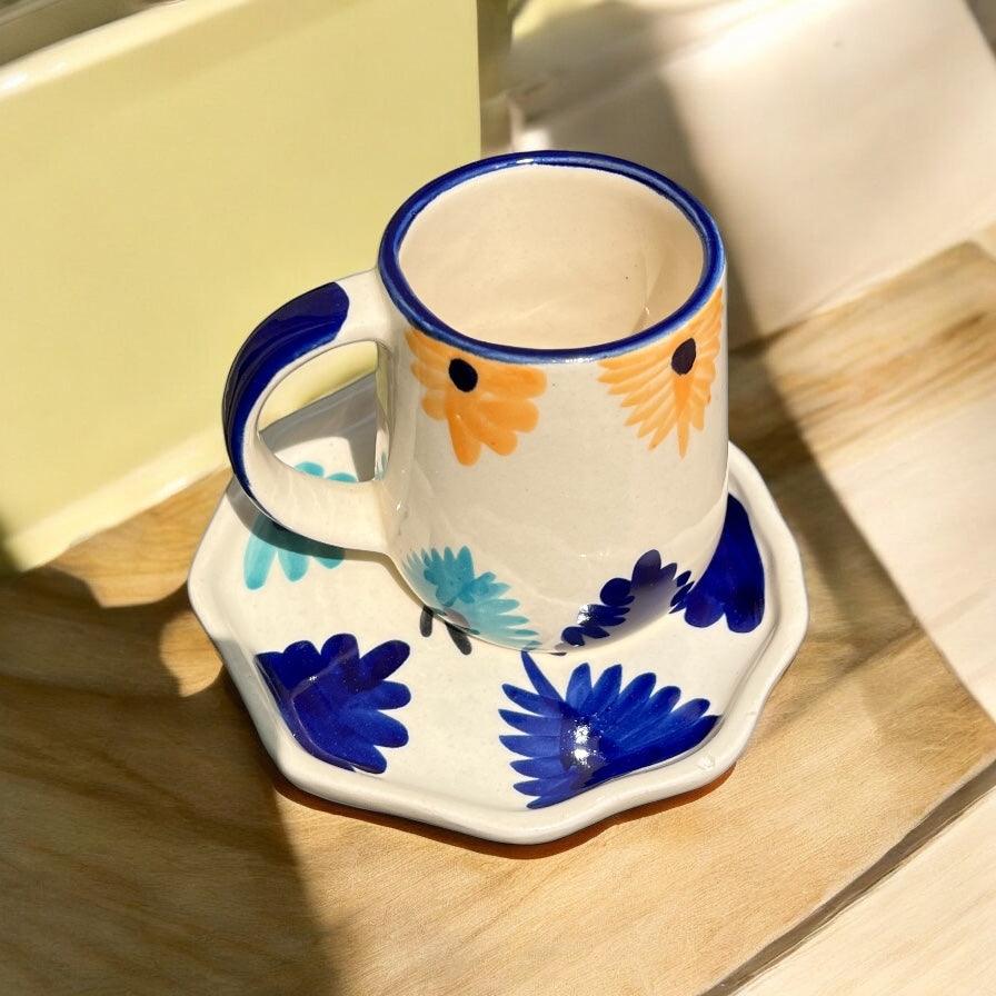 Blue & Yellow Flower Mug & Saucer - Clayful Homes