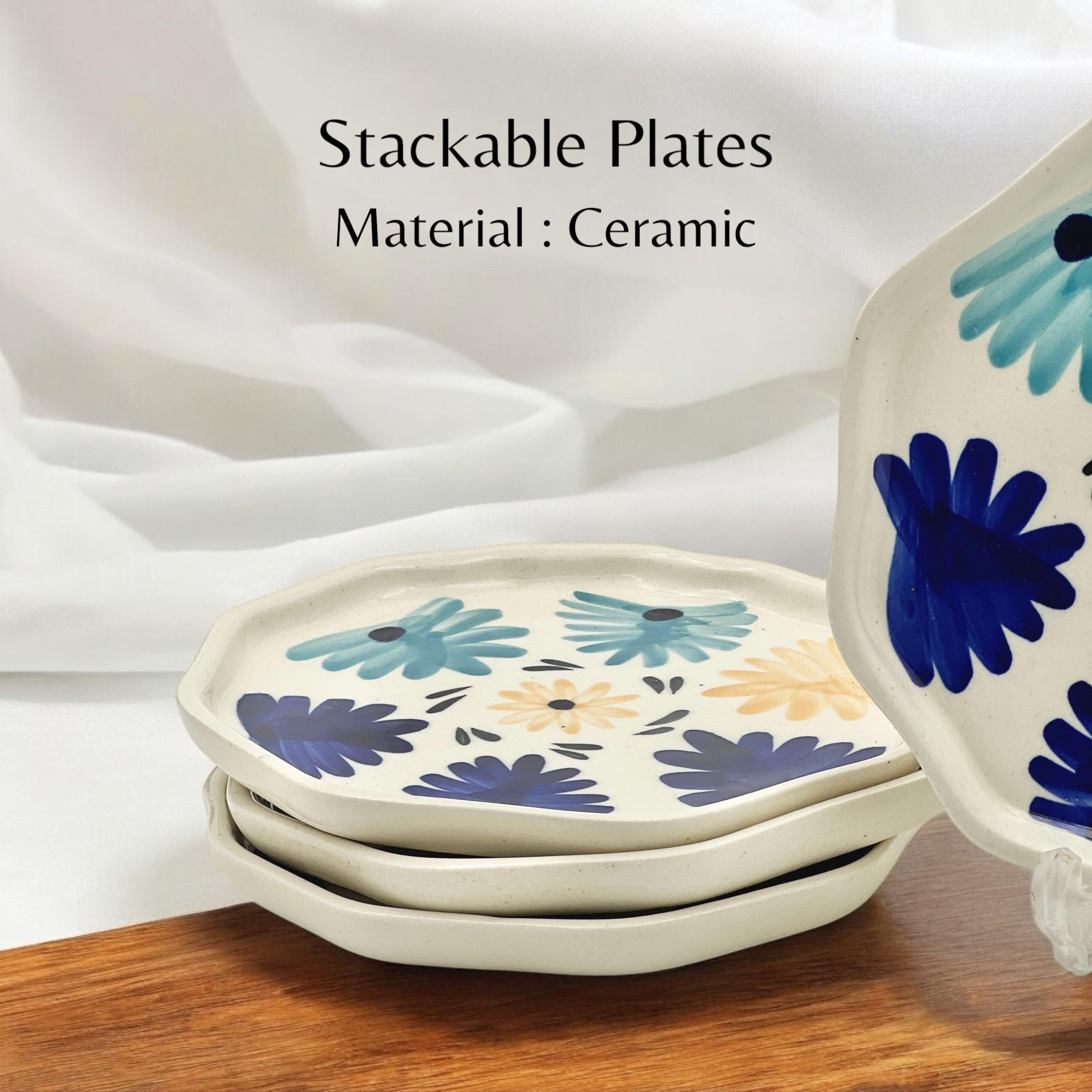 Four Blue & Yellow Flowers Snack/Dessert Plates - Clayful Homes