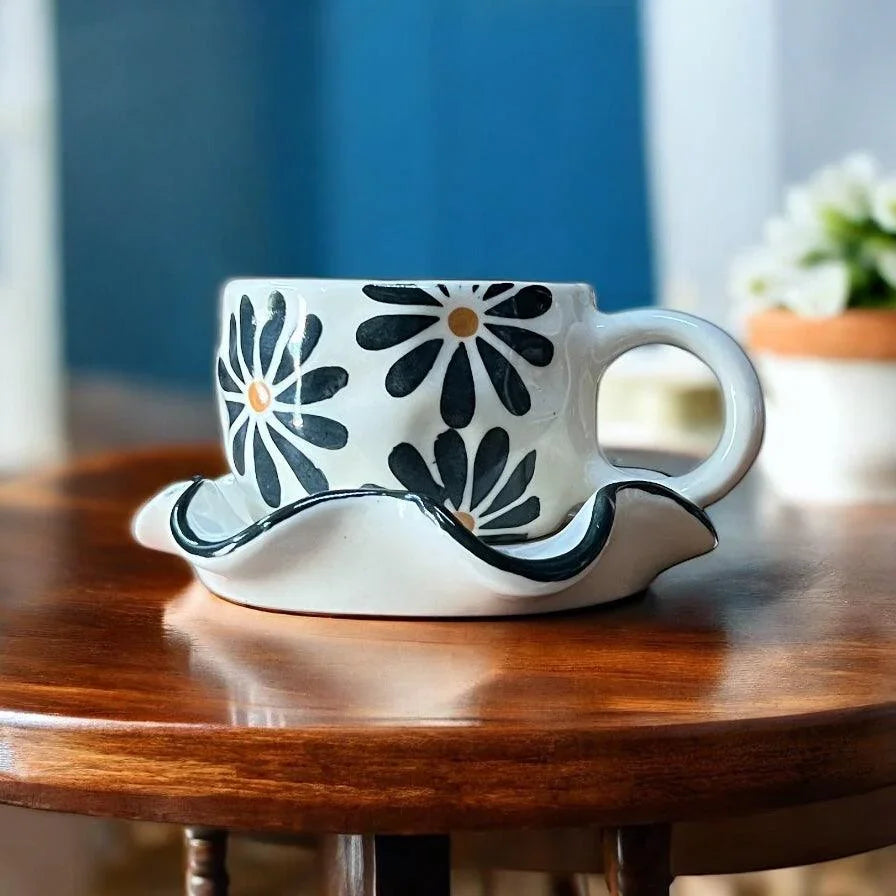 Black Flower Mug & Wavy Saucer - Clayful Homes