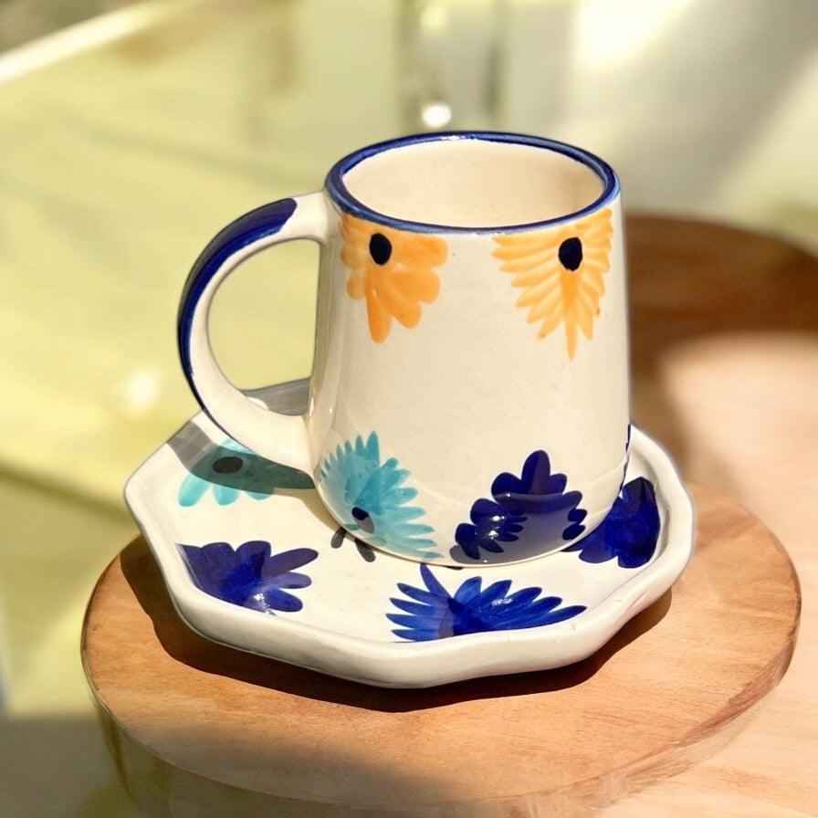 Blue & Yellow Flower Mug & Saucer