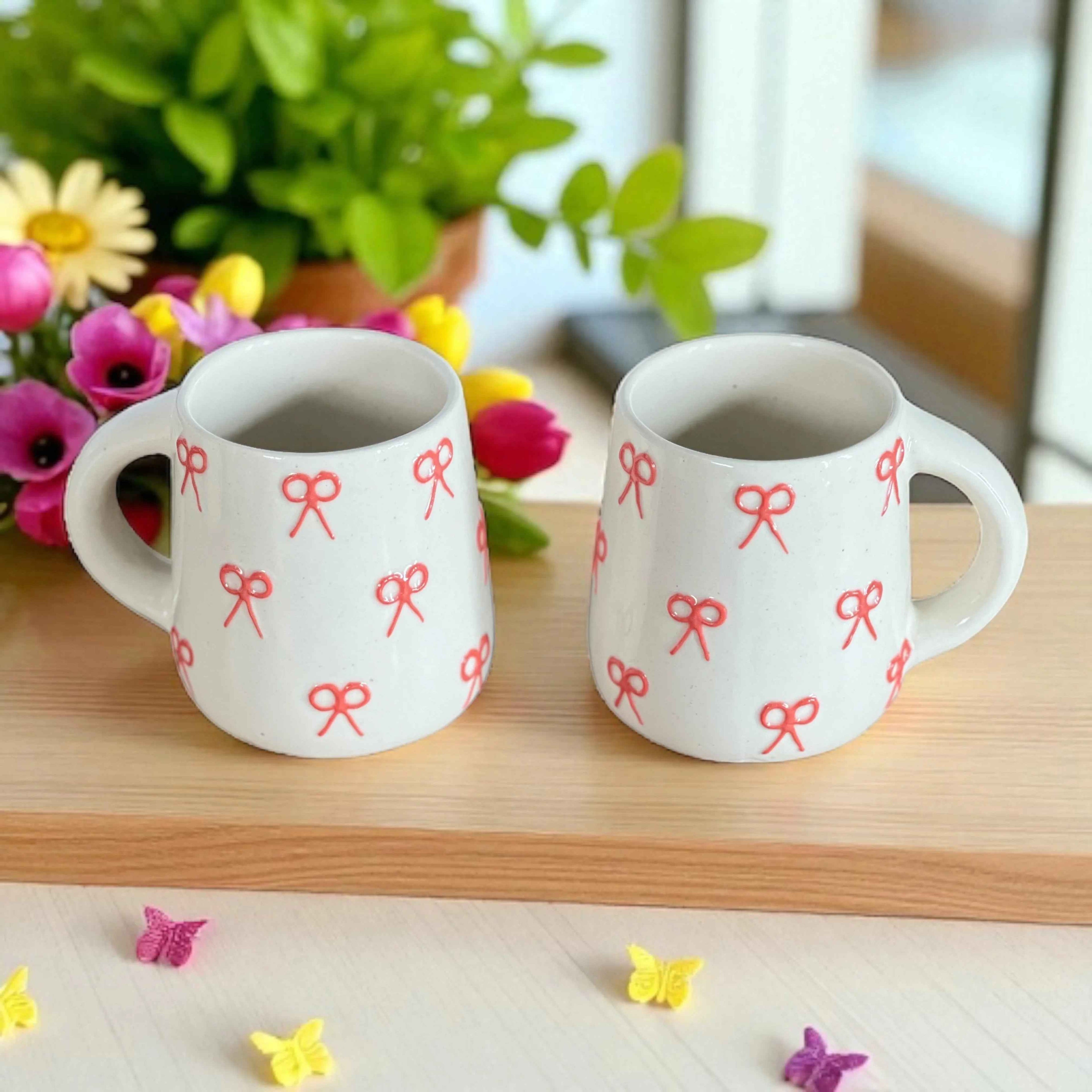 Two Pink Ribbon Coffee Mugs - Clayful Homes