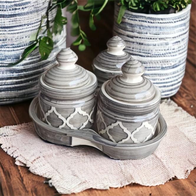 Grey Picke Jars Set with Tray - Clayful Homes